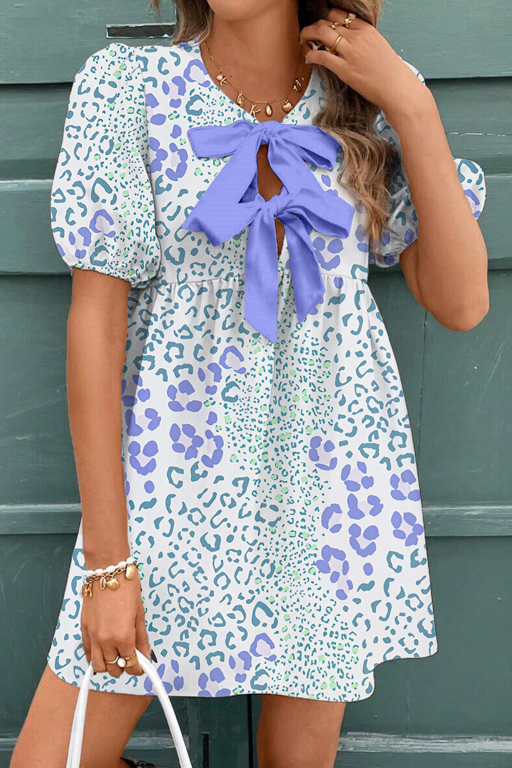 Sky Blue Leopard Contrast Bow Puff Sleeve Mini Dress-TOPS / DRESSES-[Adult]-[Female]-Sky Blue-S-2022 Online Blue Zone Planet