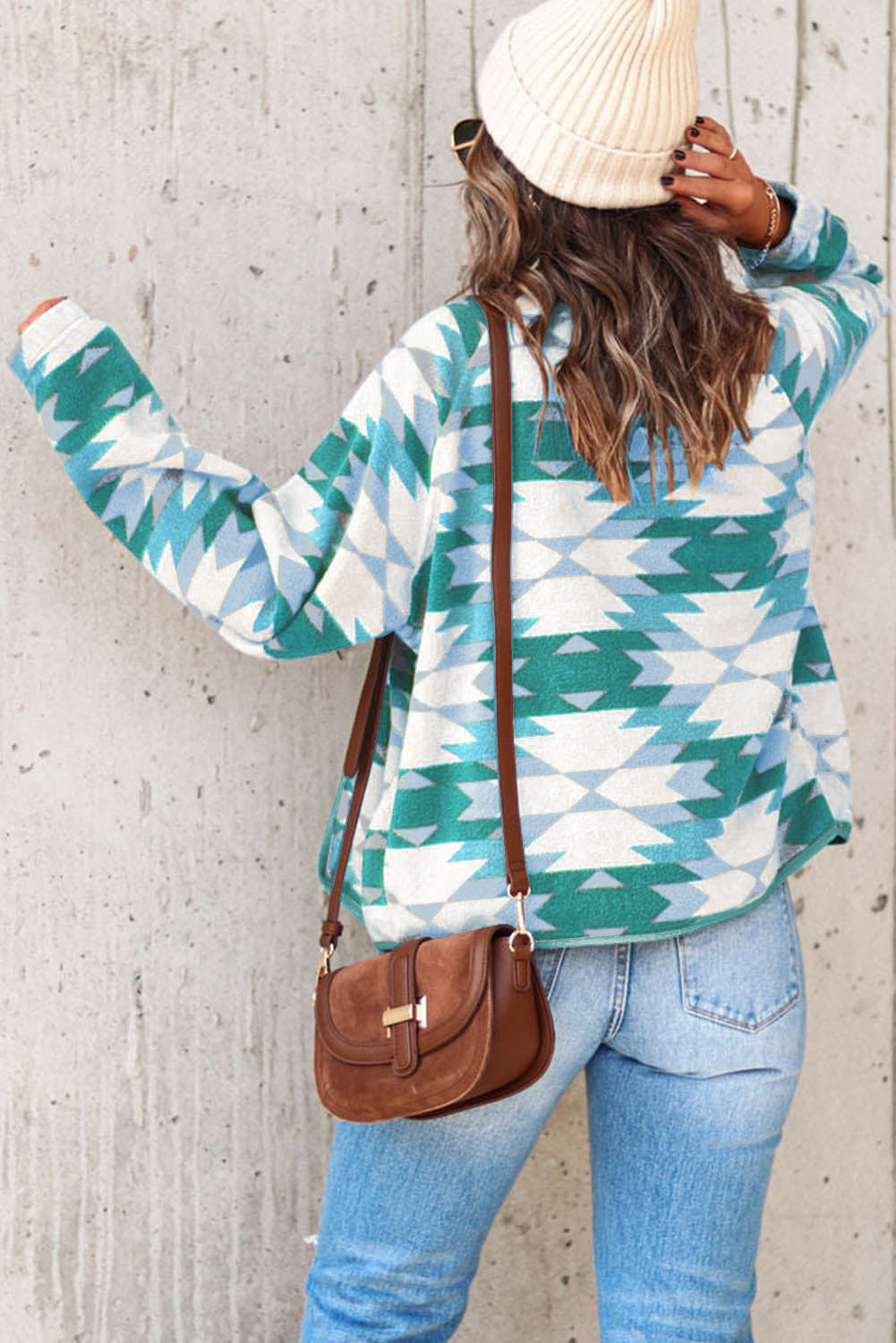 Blue Zone Planet | Green Geometric Aztec Pattern Plus Size Fleece Jacket-Plus Size/Plus Size Outerwear-[Adult]-[Female]-2022 Online Blue Zone Planet