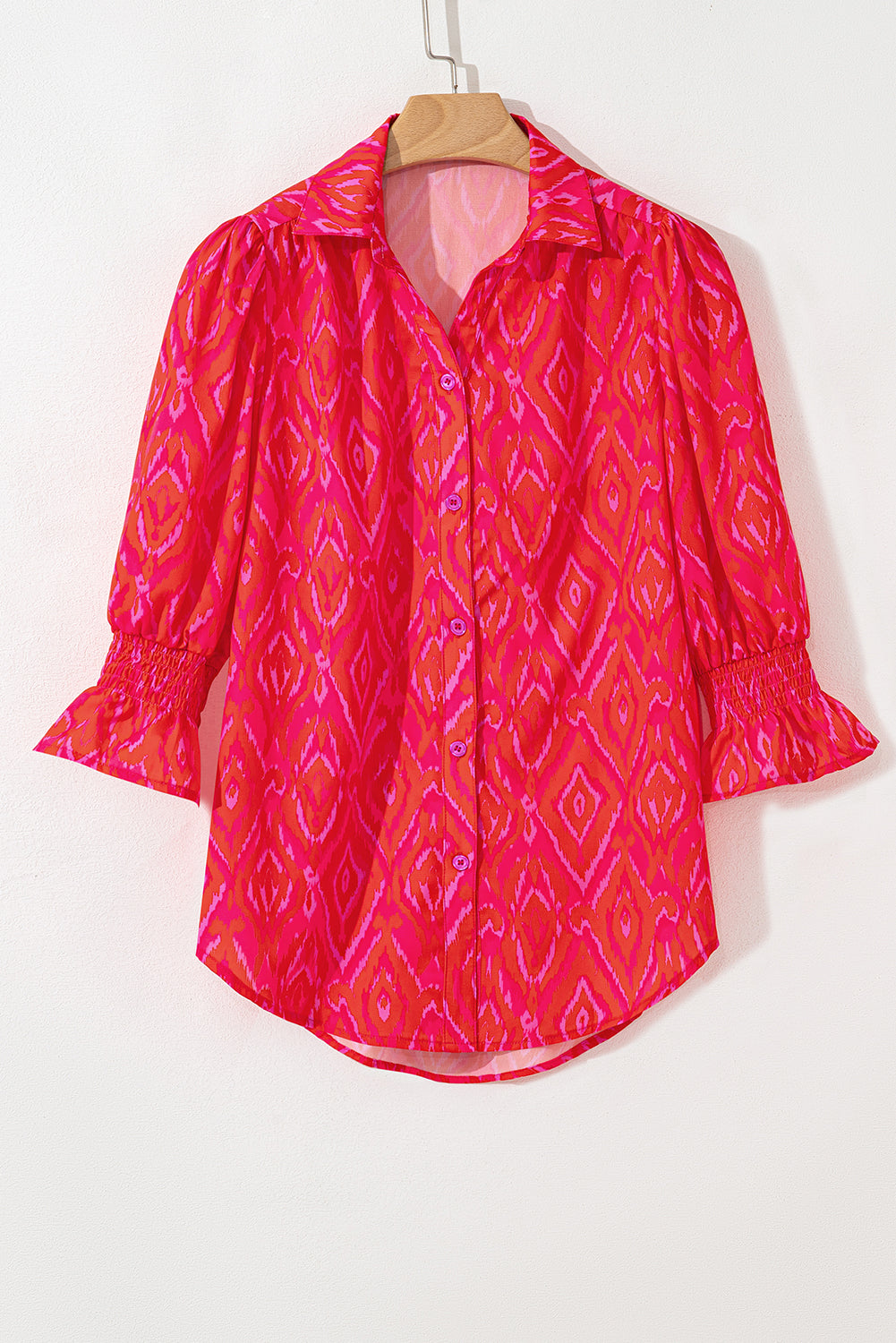 Strawberry Pink Western Aztec Geometric Ruffled 3/4 Sleeve Shirt-Tops/Blouses & Shirts-[Adult]-[Female]-2022 Online Blue Zone Planet
