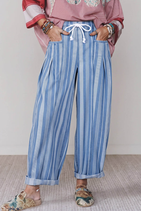 Sky Blue Stripe High Waist Wide Leg Lace Up Barrel Jeans-Bottoms/Jeans-[Adult]-[Female]-Sky Blue Stripe-4-2022 Online Blue Zone Planet