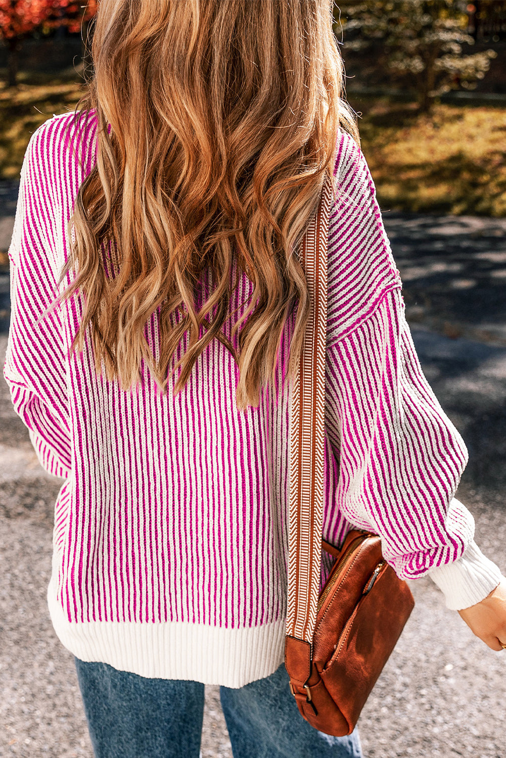 Blue Zone Planet | Bright Pink Striped Textured Knit Contrast Edge Loose Sweater-Sweaters & Cardigans/Sweaters-[Adult]-[Female]-2022 Online Blue Zone Planet