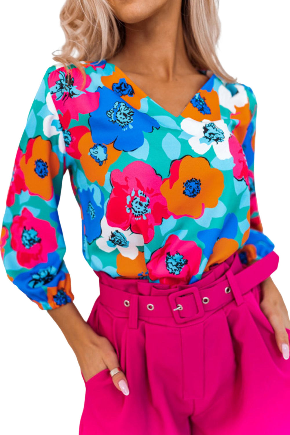Multicolor Floral Print V Neck 3/4 Sleeve Blouse-Tops/Blouses & Shirts-[Adult]-[Female]-2022 Online Blue Zone Planet