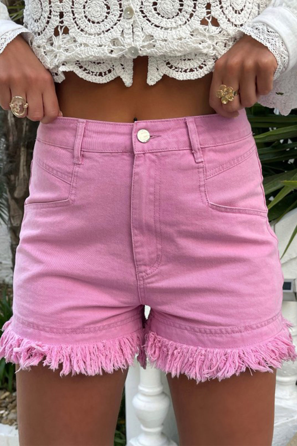 Pink Frayed Edge Mid Rise Denim Shorts-Bottoms/Denim Shorts-[Adult]-[Female]-Pink-6-2022 Online Blue Zone Planet