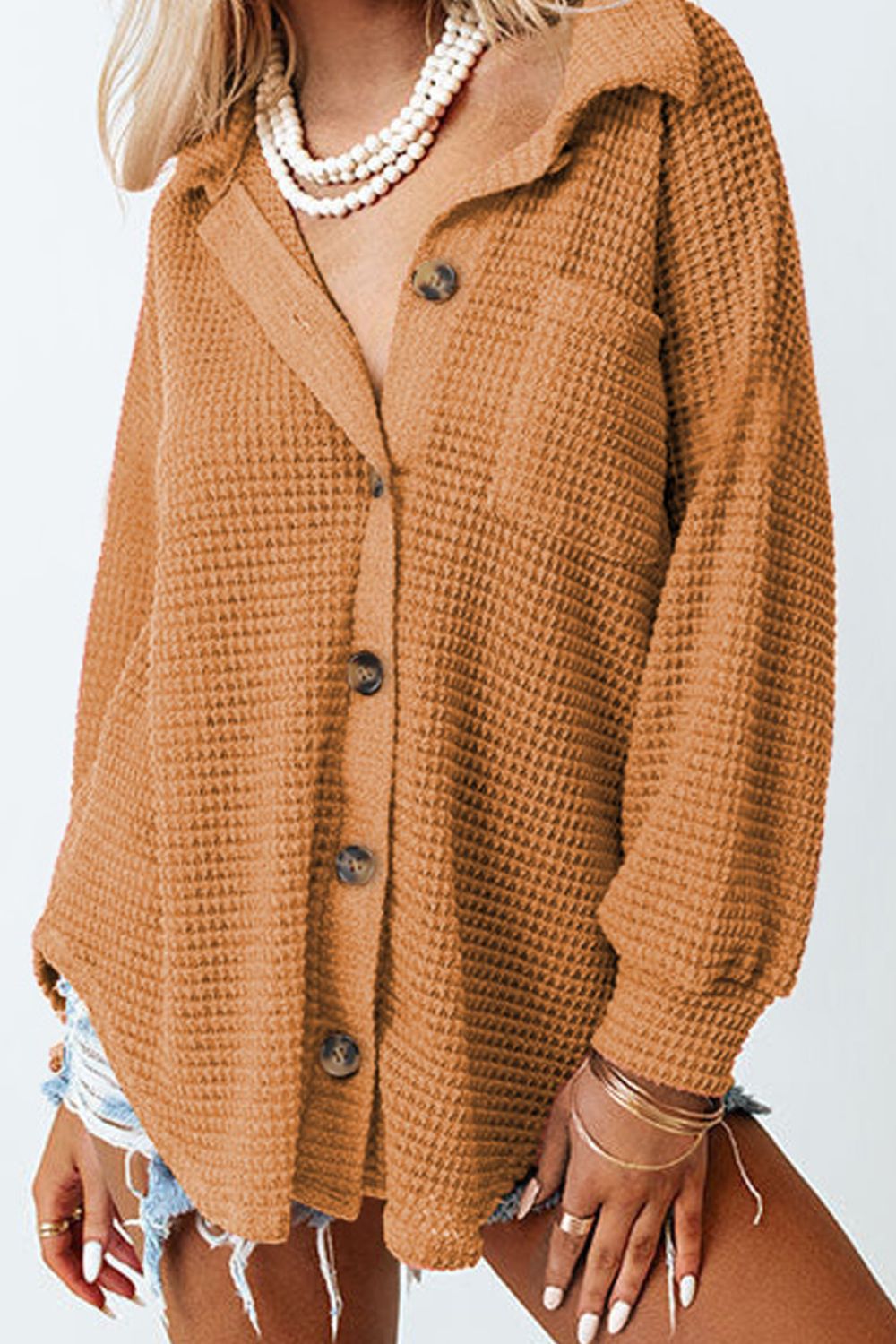 Waffle-Knit Collared Neck Long Sleeve Shirt-TOPS / DRESSES-[Adult]-[Female]-Caramel-S-2022 Online Blue Zone Planet