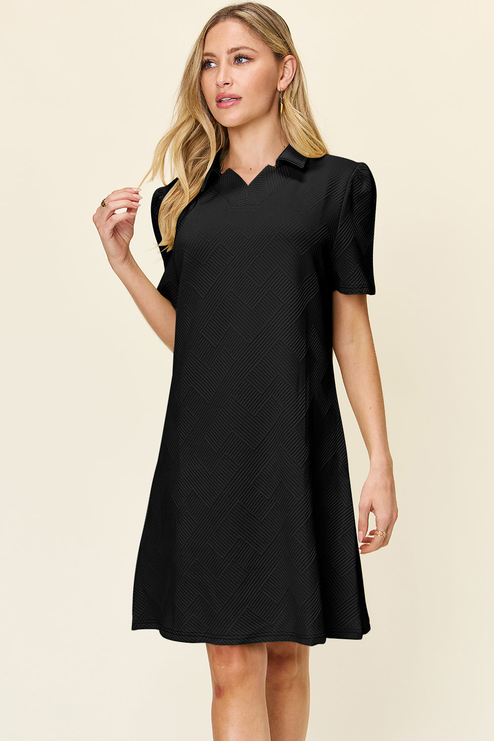 Blue Zone Planet | Double Take Full Size Texture Collared Neck Short Sleeve Dress-TOPS / DRESSES-[Adult]-[Female]-Black-S-2022 Online Blue Zone Planet