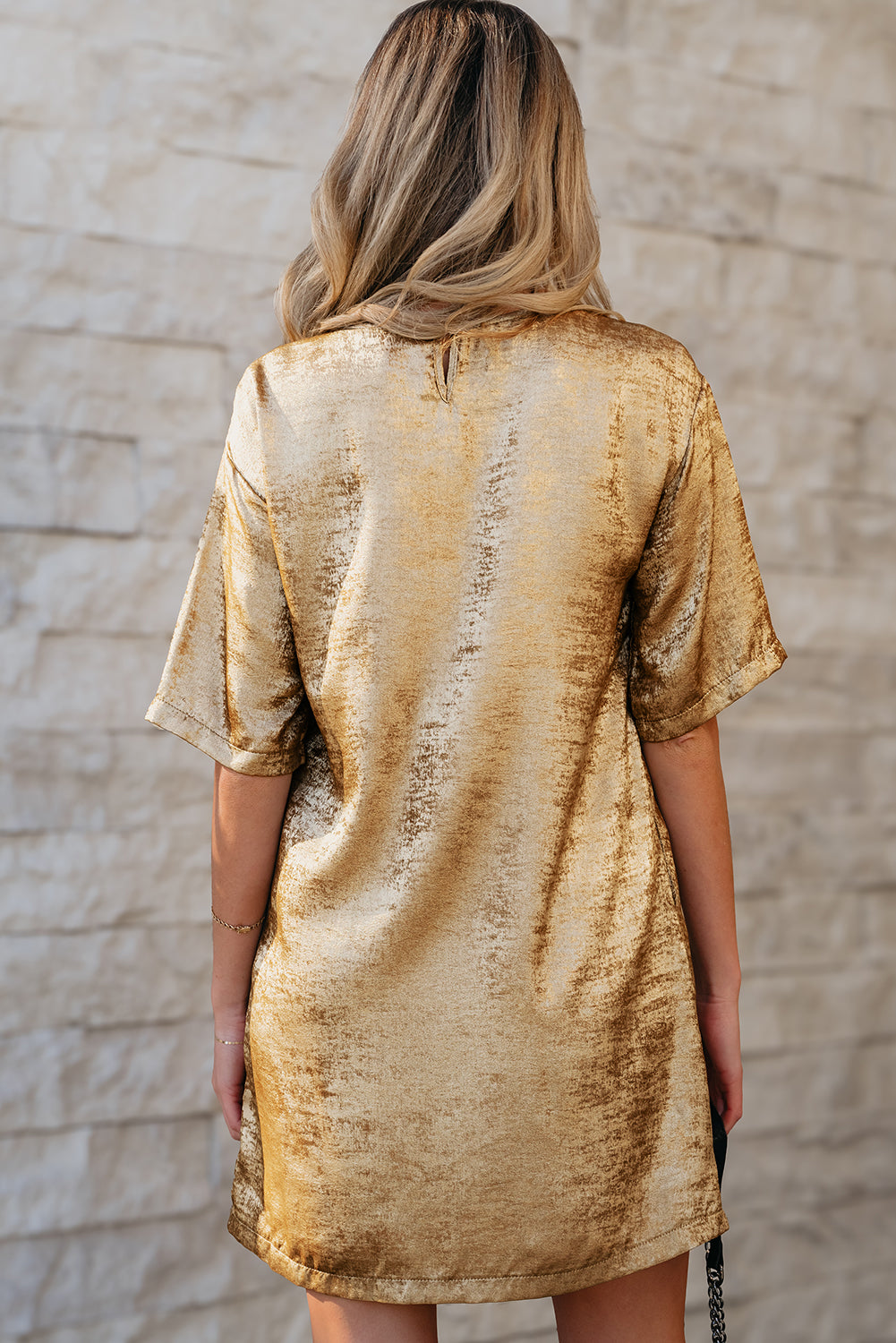 Gold Metallic Luster Crewneck Mini T-Shirt Dress-TOPS / DRESSES-[Adult]-[Female]-2022 Online Blue Zone Planet