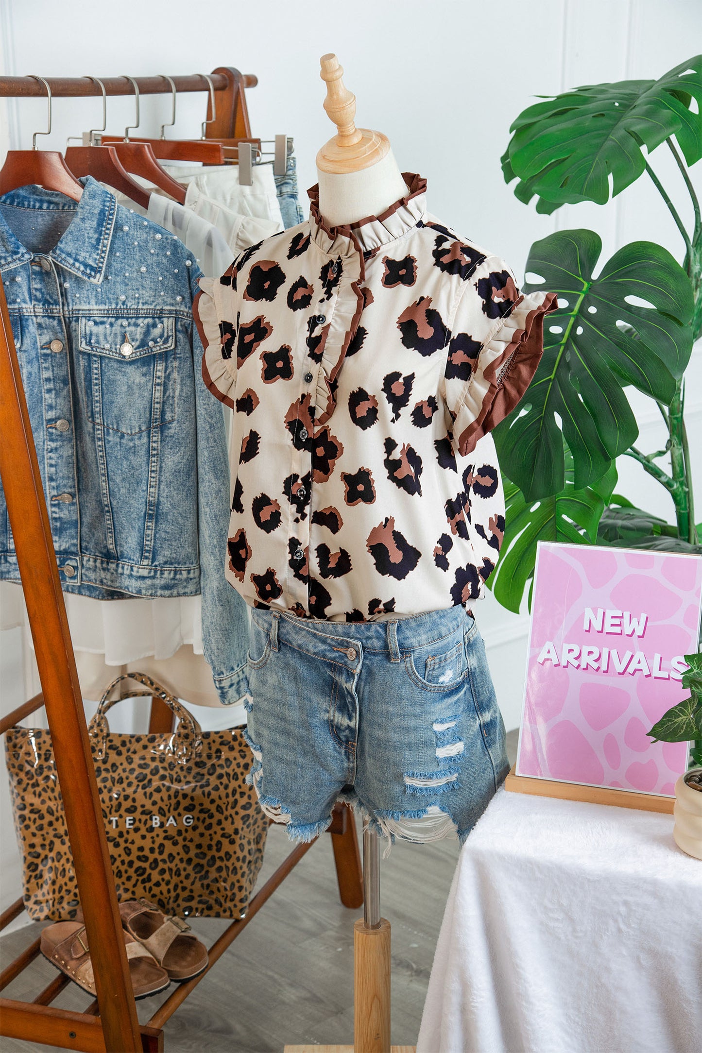 Khaki Leopard Printed Ruffle Sleeve Summer Blouse-Tops/Blouses & Shirts-[Adult]-[Female]-2022 Online Blue Zone Planet