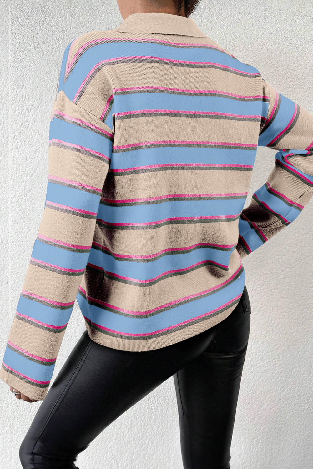 Apricot Stripe Collared V Neck Drop Shoulder Loose Sweater-TOPS / DRESSES-[Adult]-[Female]-2022 Online Blue Zone Planet