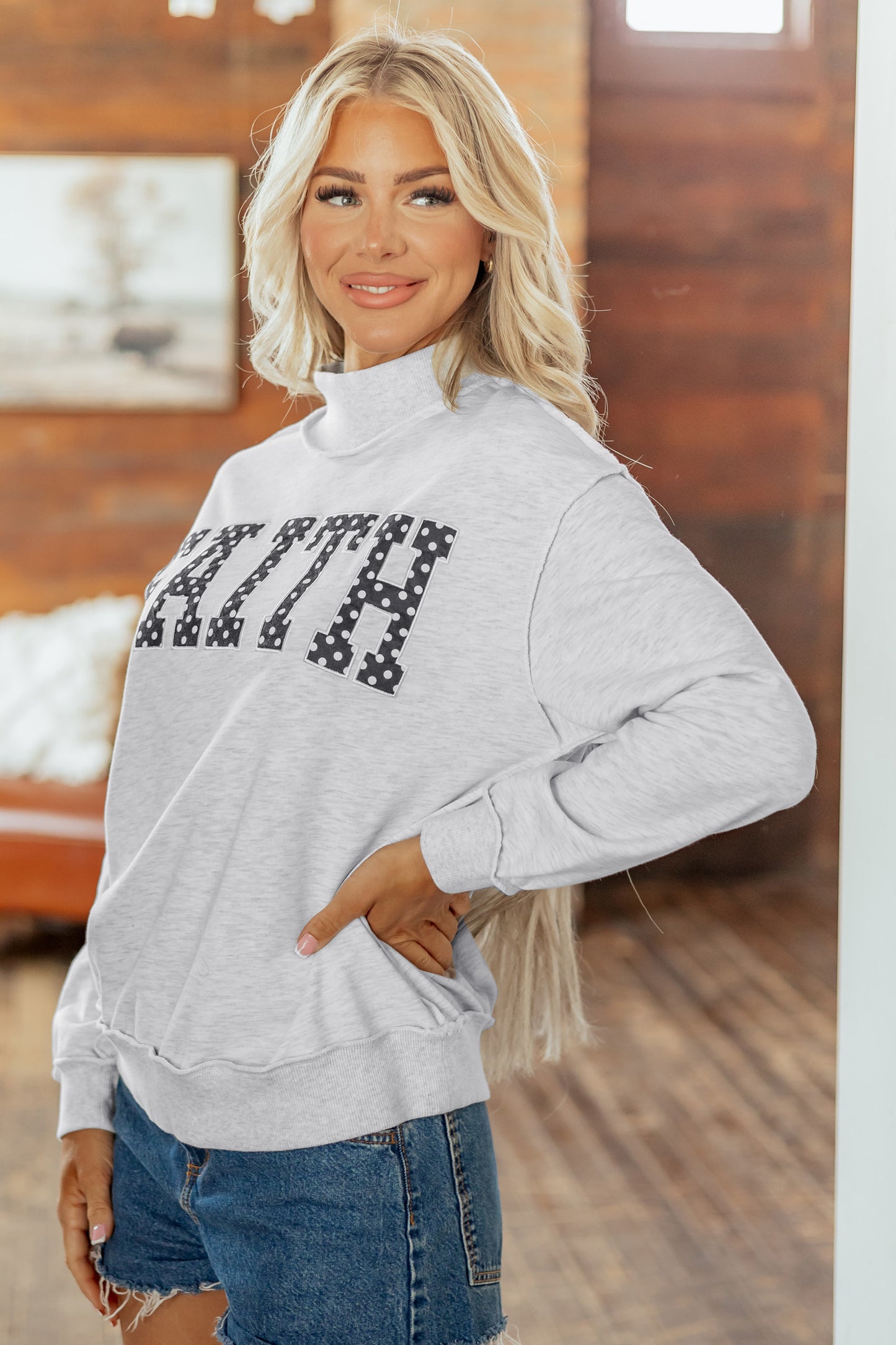 Light Grey High Neck Polka Dot Slogan Printed Baggy Sweatshirt-Tops/Sweatshirts & Hoodies-[Adult]-[Female]-2022 Online Blue Zone Planet