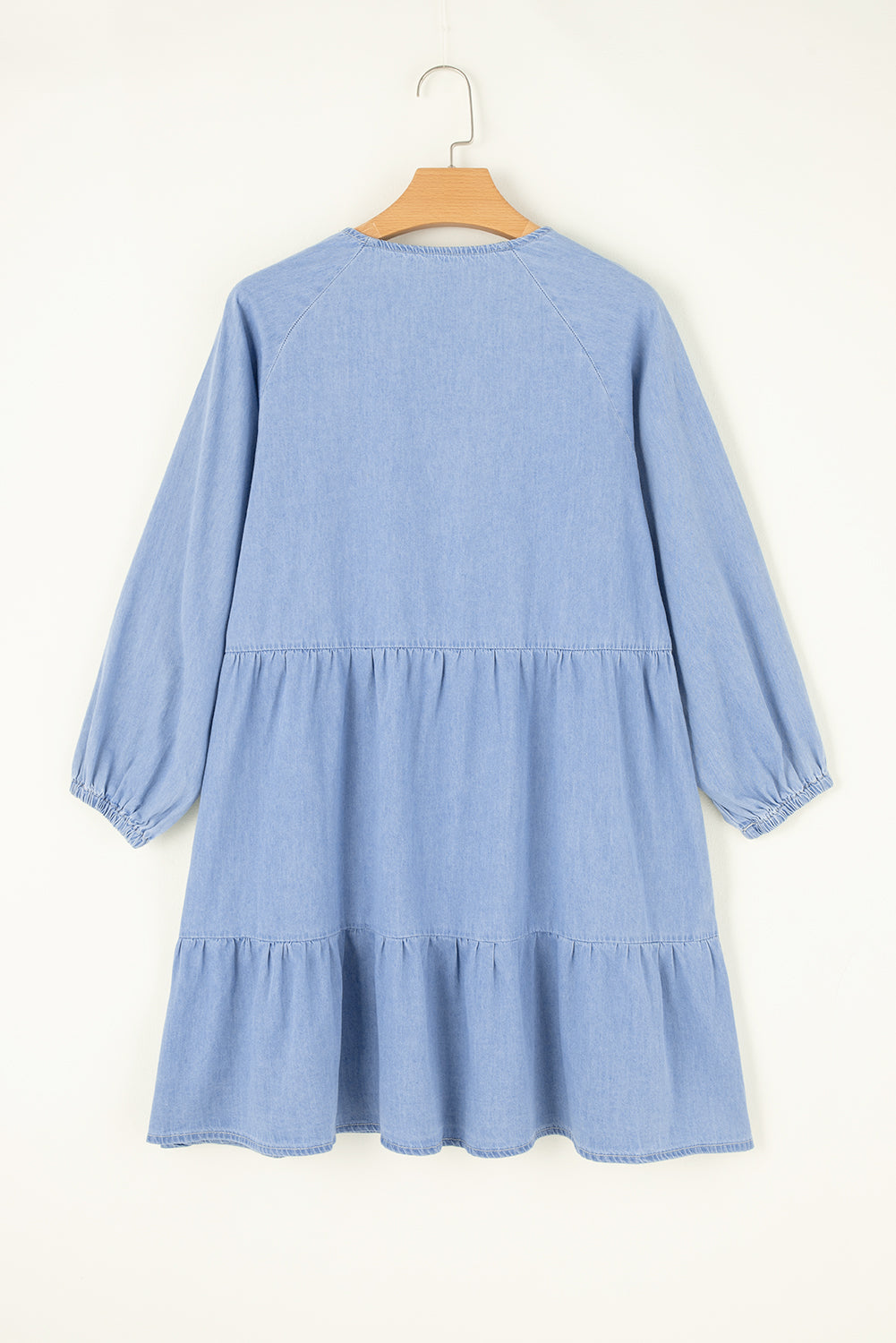 Black Puff Sleeve V Neck Tiered Ruffled Chambray Mini Dress-Dresses/Mini Dresses-[Adult]-[Female]-2022 Online Blue Zone Planet