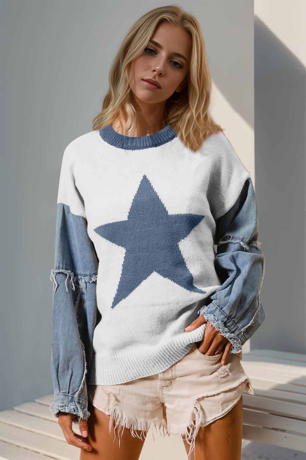 Blue Zone Planet | Double Take Full Size Star Pattern Raw Edge Long Sleeve Sweater-TOPS / DRESSES-[Adult]-[Female]-White-S/M-2022 Online Blue Zone Planet