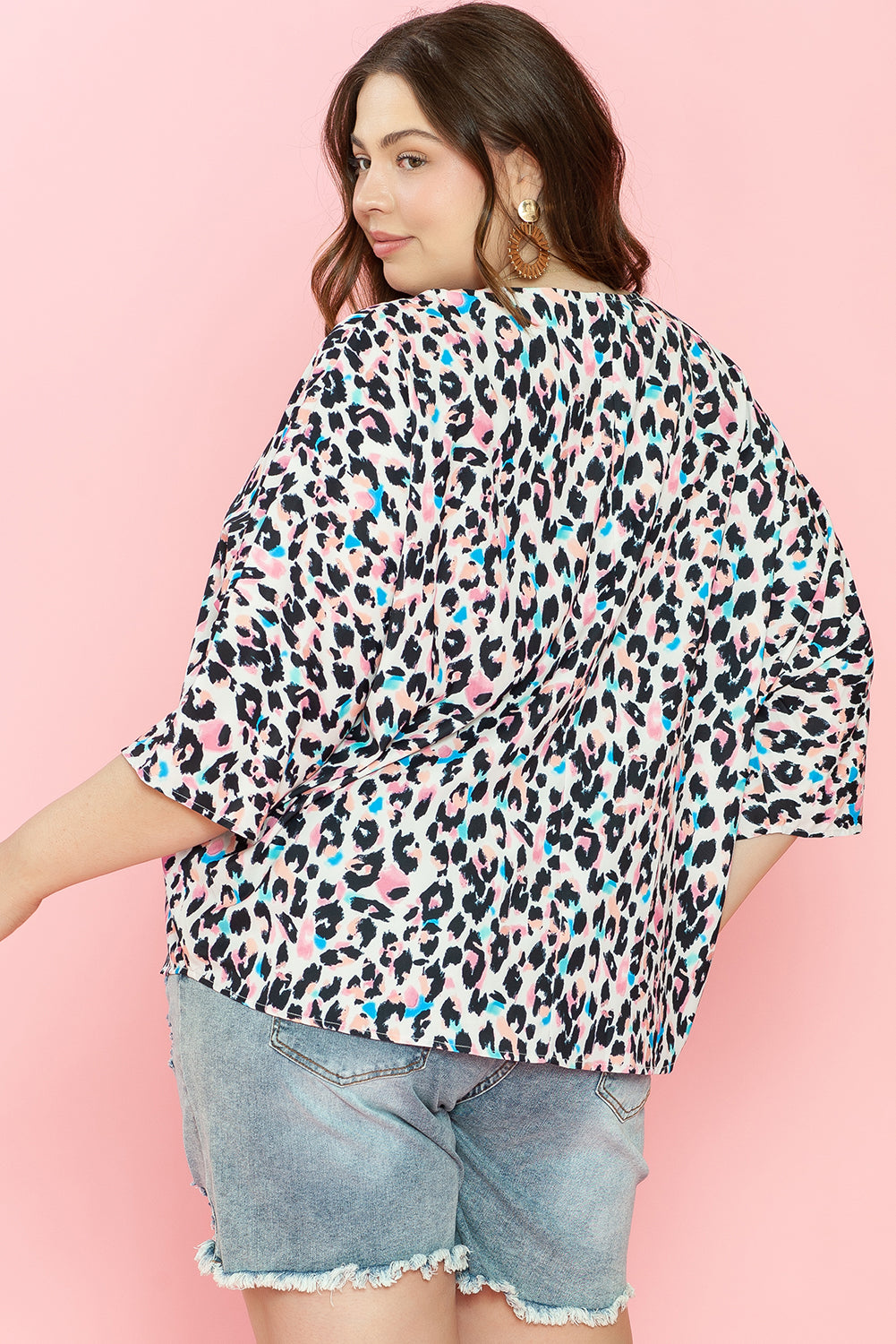 Brown Leopard Print V Neck Batwing Sleeve Plus Size Top-Plus Size/Plus Size Tops/Plus Size Tops & Tees-[Adult]-[Female]-2022 Online Blue Zone Planet