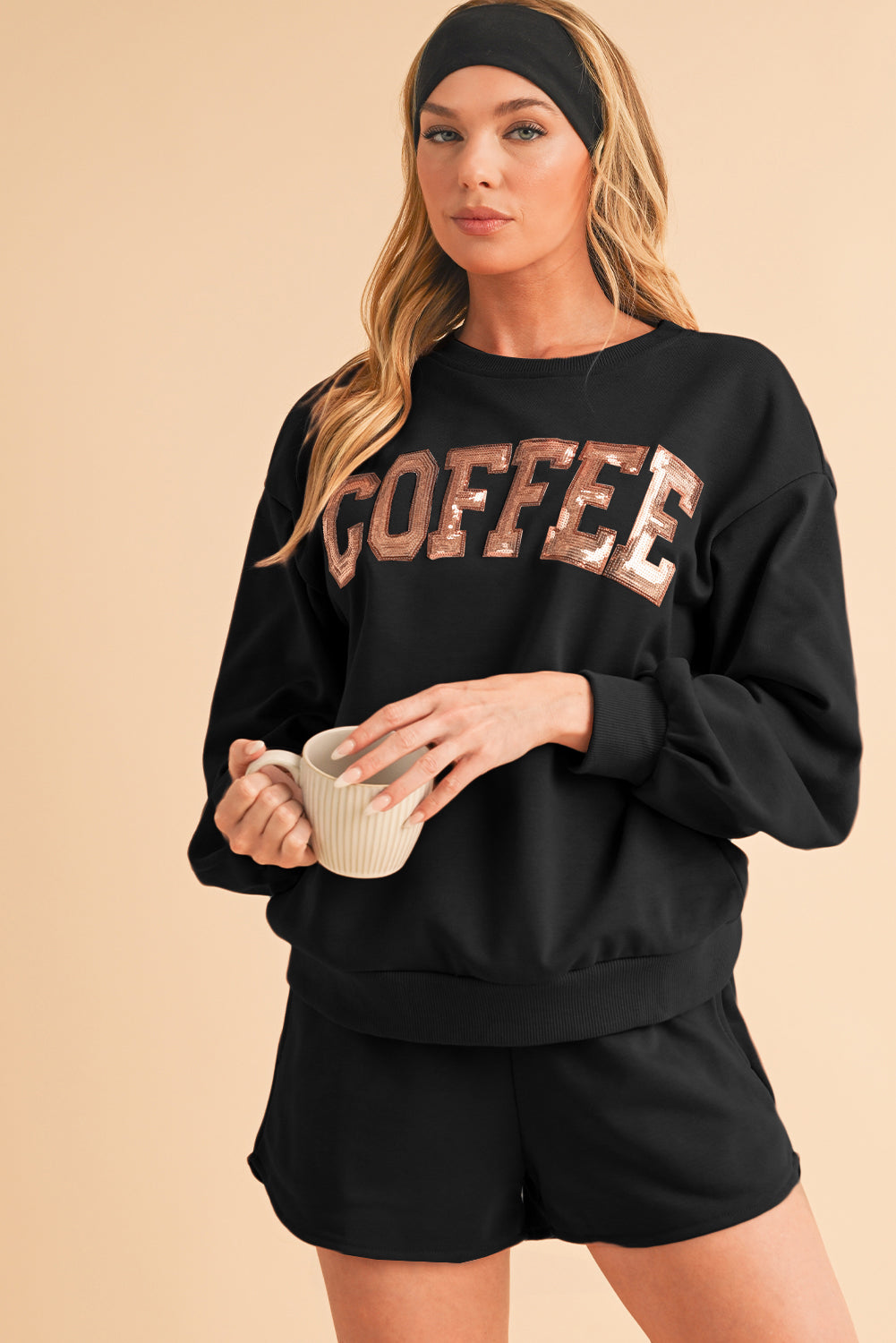 Straw Yellow Sequins COFFEE Loose Fit Sweatshirt and Shorts Set-Two Piece Shorts Sets-[Adult]-[Female]-2022 Online Blue Zone Planet