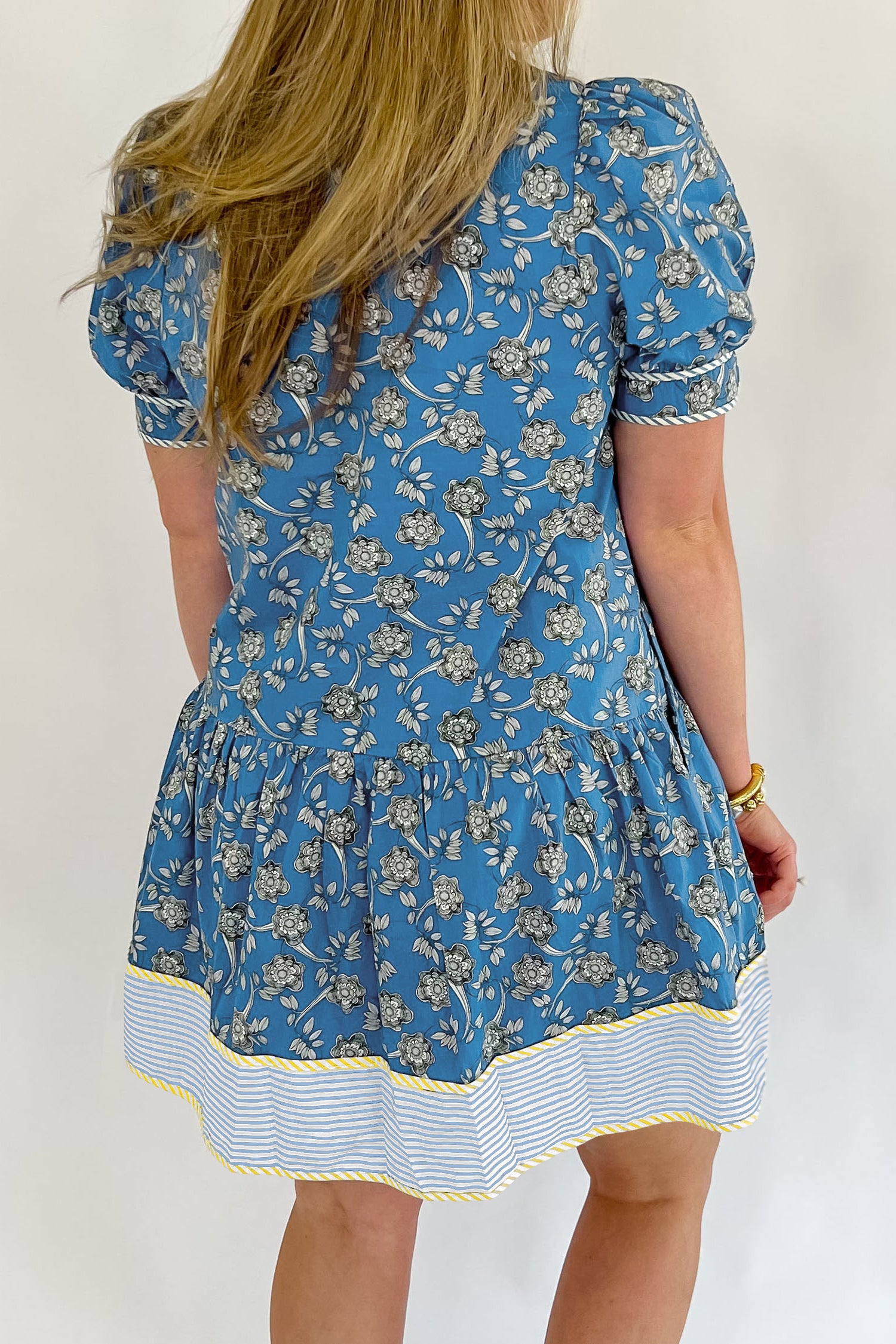 Blue Plus Size Floral Print Striped Patchwork Detail Button Front Ruffle Hem Dress-Plus Size/Plus Size Dresses/Plus Size Mini Dresses-[Adult]-[Female]-2022 Online Blue Zone Planet