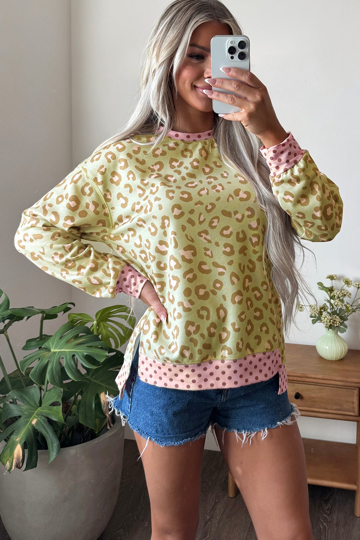 Pink Leopard Polka Dot Colorblock Trim Long Sleeve Top-Tops/Long Sleeve Tops-[Adult]-[Female]-2022 Online Blue Zone Planet