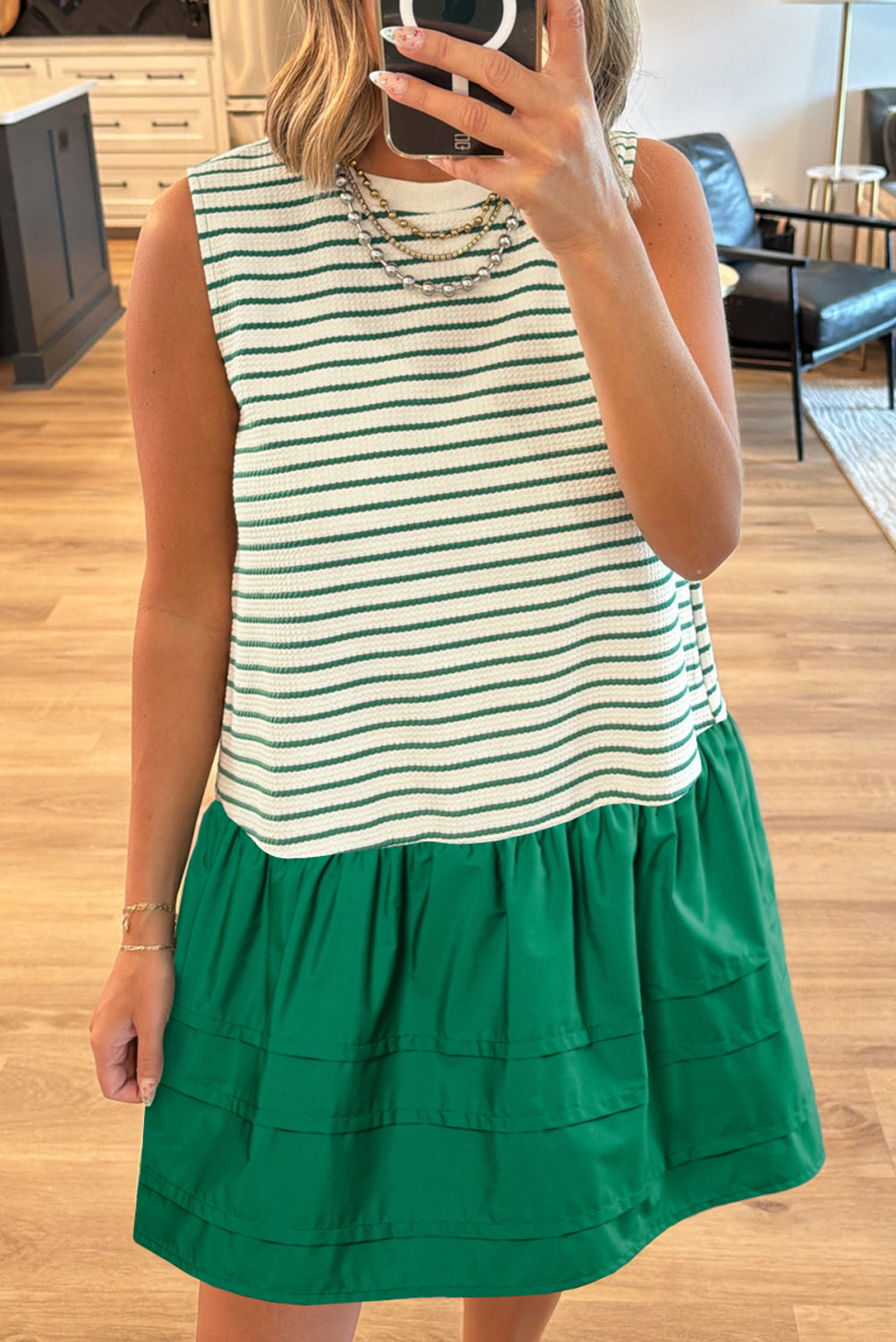 Green Stripe Woven Ruffled Sleeveless Mini Dress-Short Dresses-[Adult]-[Female]-Green Stripe-S-2022 Online Blue Zone Planet