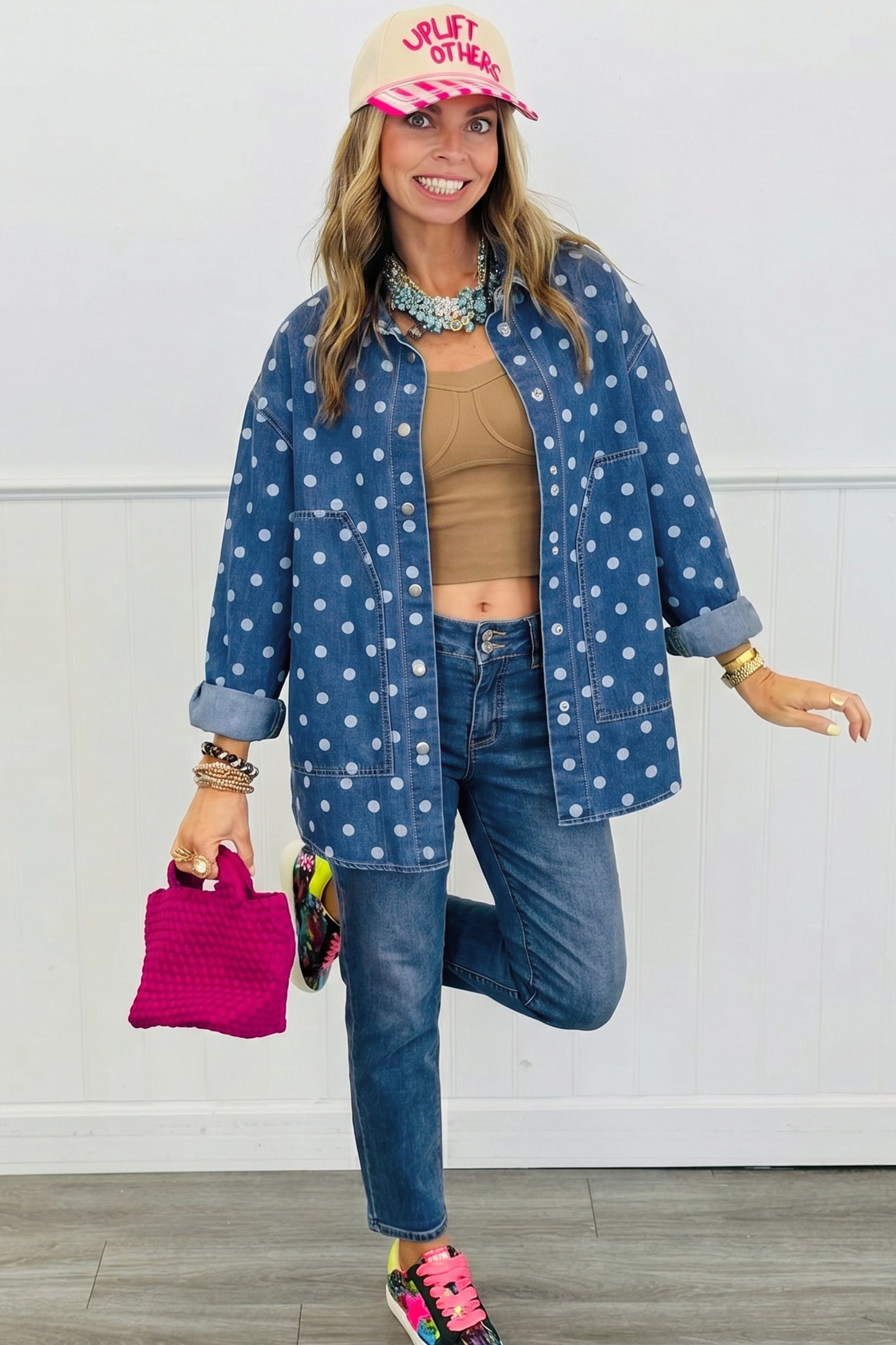 Blue Polka Dot Long Sleeve Collar Shift Tunic Denim Jacket-Outerwear/Denim jackets-[Adult]-[Female]-2022 Online Blue Zone Planet