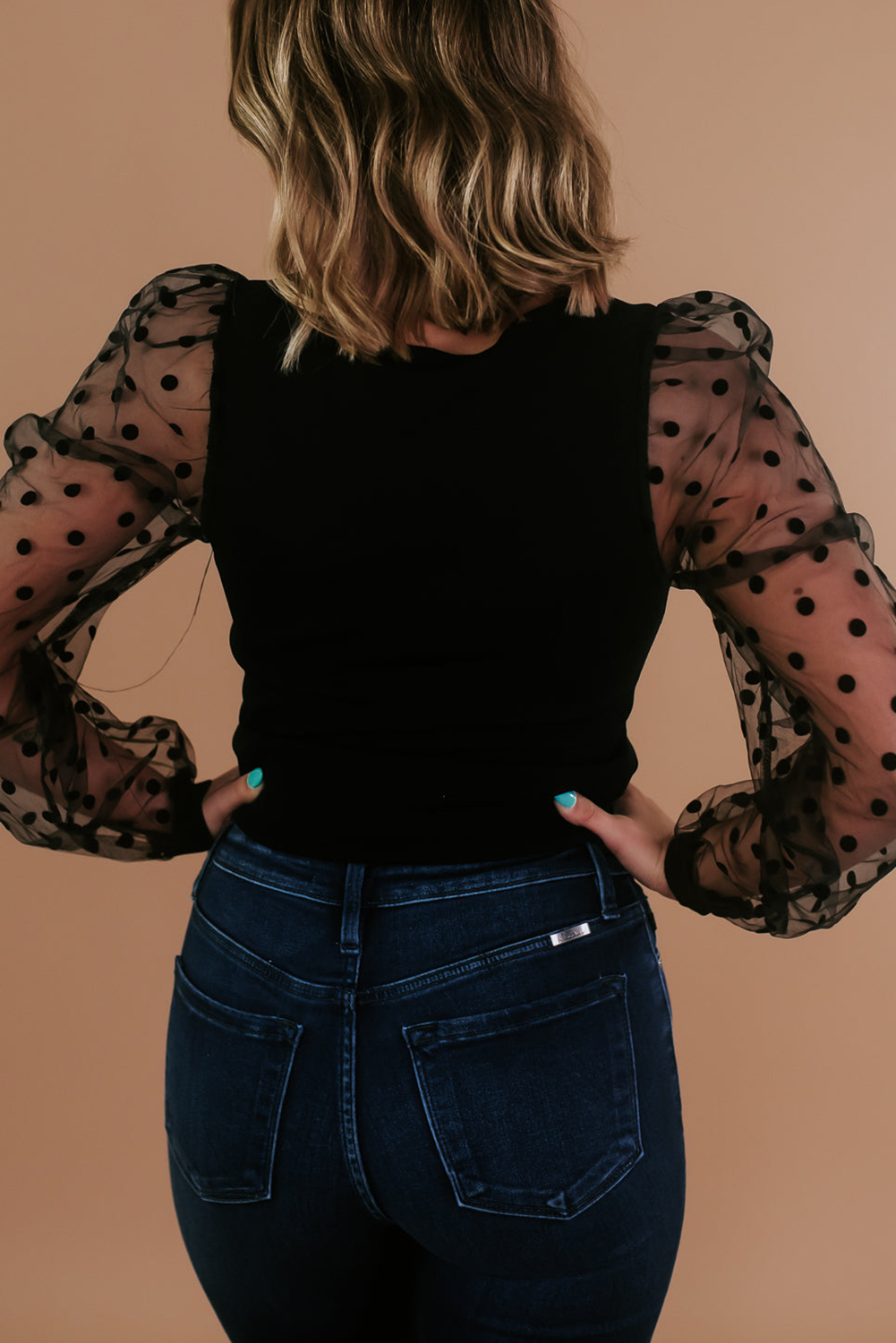 Black Polka Dot Mesh Puff Sleeve Patchwork Ribbed Square Neck Slim Top-Tops/Long Sleeve Tops-[Adult]-[Female]-2022 Online Blue Zone Planet
