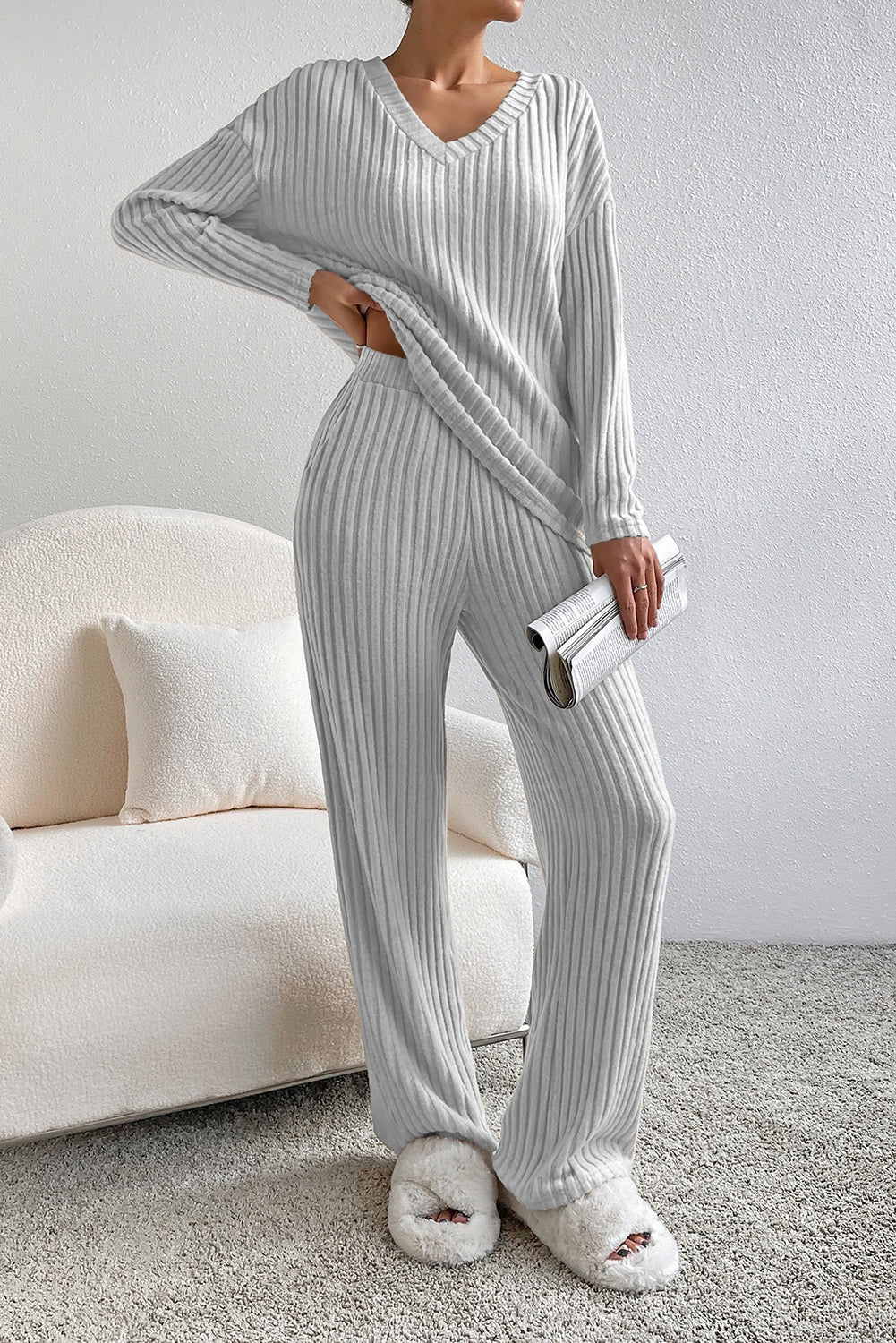 Light Grey Ribbed Knit V Neck Slouchy Two-piece Outfit-Loungewear & Sleepwear/Loungewear-[Adult]-[Female]-Light Grey-S-2022 Online Blue Zone Planet