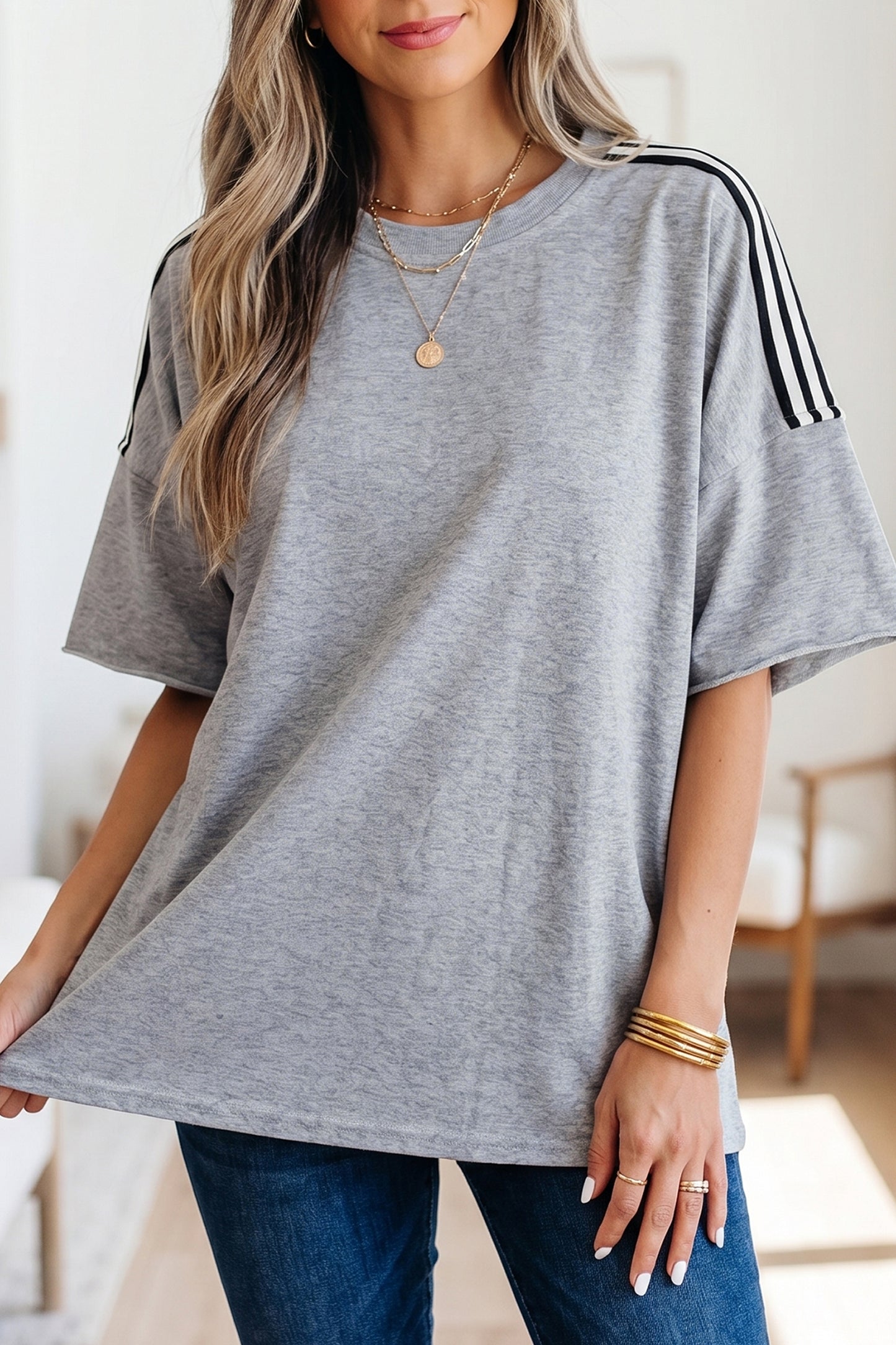 Light Grey Patchwork Detail Raw Edge Oversize Tee-Tops/Tops & Tees-[Adult]-[Female]-2022 Online Blue Zone Planet