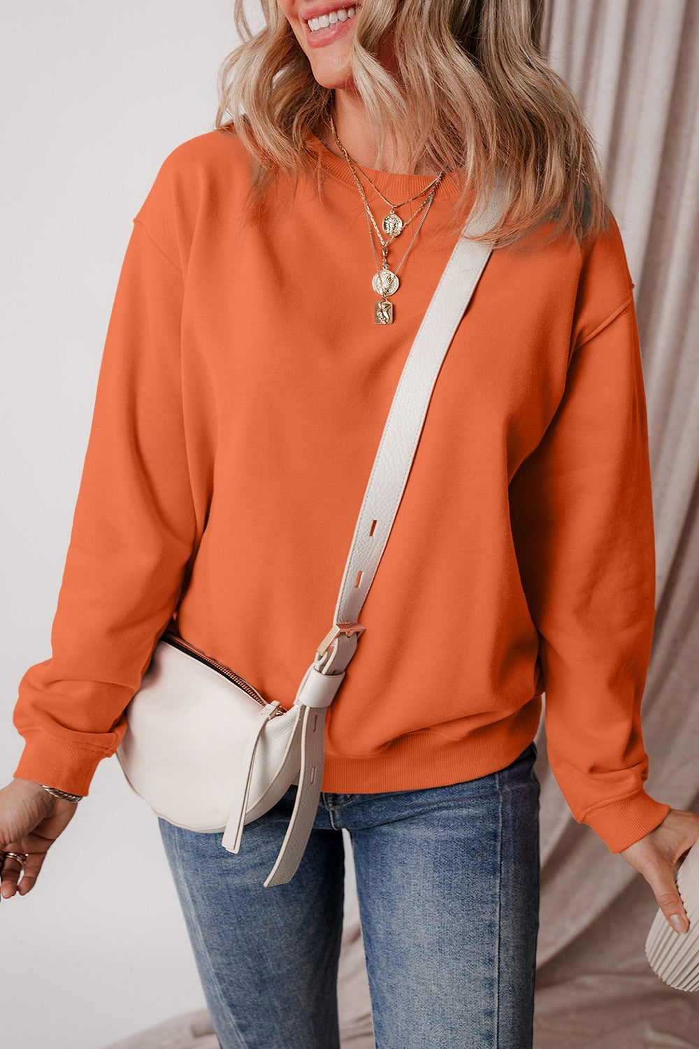 Round Neck Long Sleeve Sweatshirt-TOPS / DRESSES-[Adult]-[Female]-Orange-S-2022 Online Blue Zone Planet