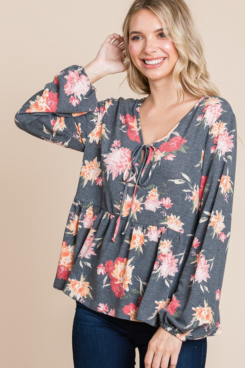 Super Lady Full Size Babydoll Floral Long Sleeve Blouse-TOPS / DRESSES-[Adult]-[Female]-2022 Online Blue Zone Planet