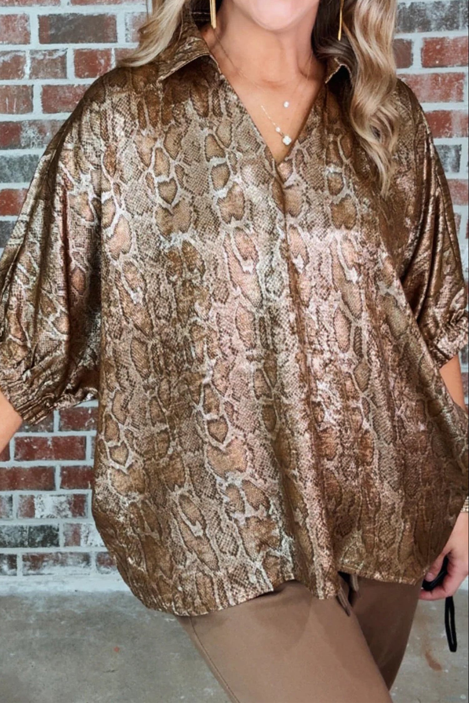 Brown Polo Collared V Neck Short Sleeve Metallic Leopard Blouse-Tops/Blouses & Shirts-[Adult]-[Female]-2022 Online Blue Zone Planet