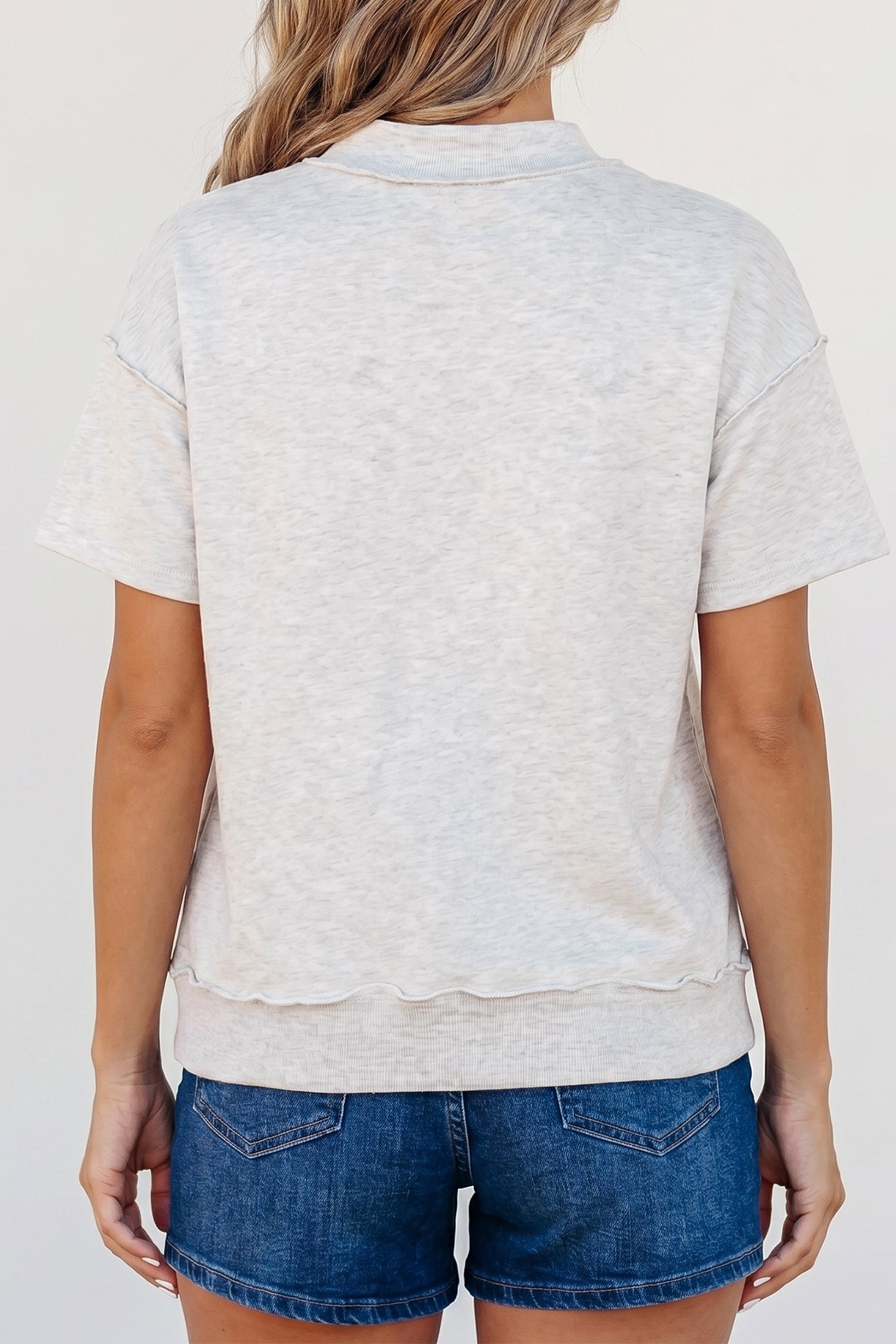 Light Grey Exposed Seam Detail Mock Neck Tee-Tops/Tops & Tees-[Adult]-[Female]-2022 Online Blue Zone Planet