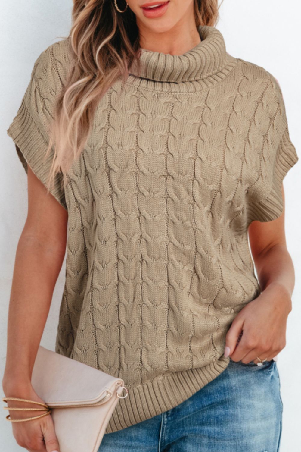 Cable Knit Turtleneck Short Sleeve Sweater-TOPS / DRESSES-[Adult]-[Female]-Khaki-S-2022 Online Blue Zone Planet