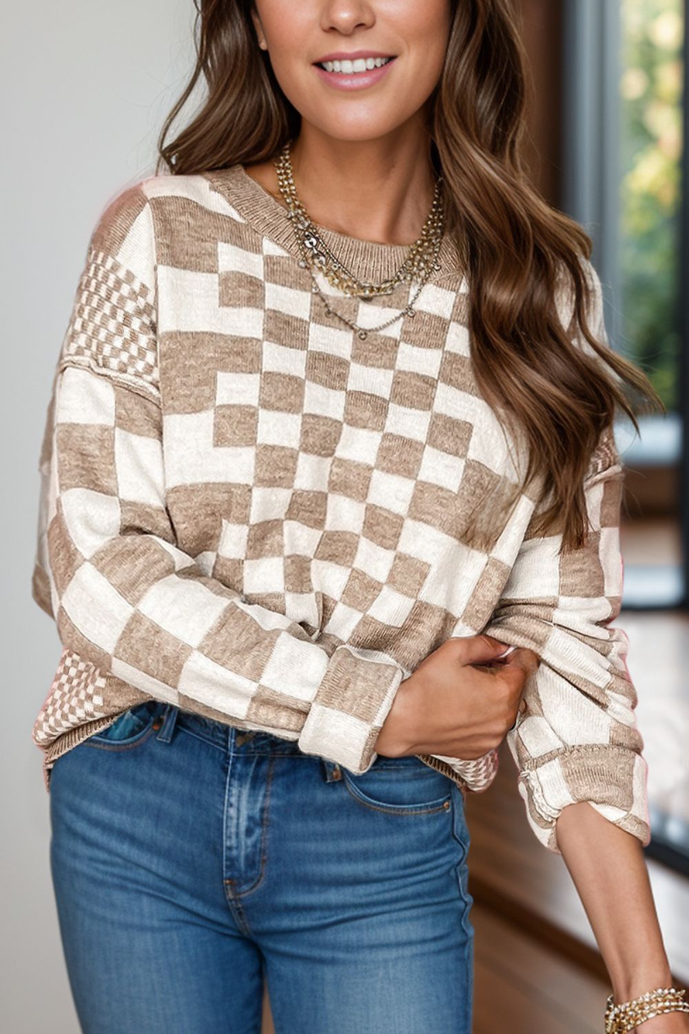 Checkered Round Neck Long Sleeve Sweater-TOPS / DRESSES-[Adult]-[Female]-Mocha-S-2022 Online Blue Zone Planet