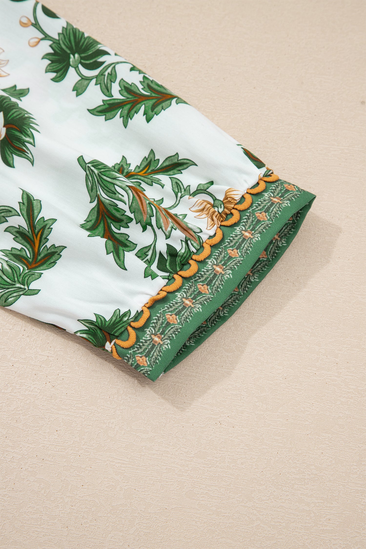 Green Plus Size Floral Printed Contrast Patchwork Detail Tassel Tie 3/4 Sleeve Blouse-Plus Size/Plus Size Tops/Plus Size Blouses & Shirts-[Adult]-[Female]-2022 Online Blue Zone Planet
