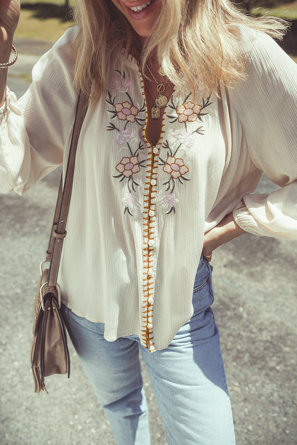 Blue Zone Planet | Beige Floral Embroidered Textured Puff Sleeve Loose Shirt-Tops/Blouses & Shirts-[Adult]-[Female]-2022 Online Blue Zone Planet