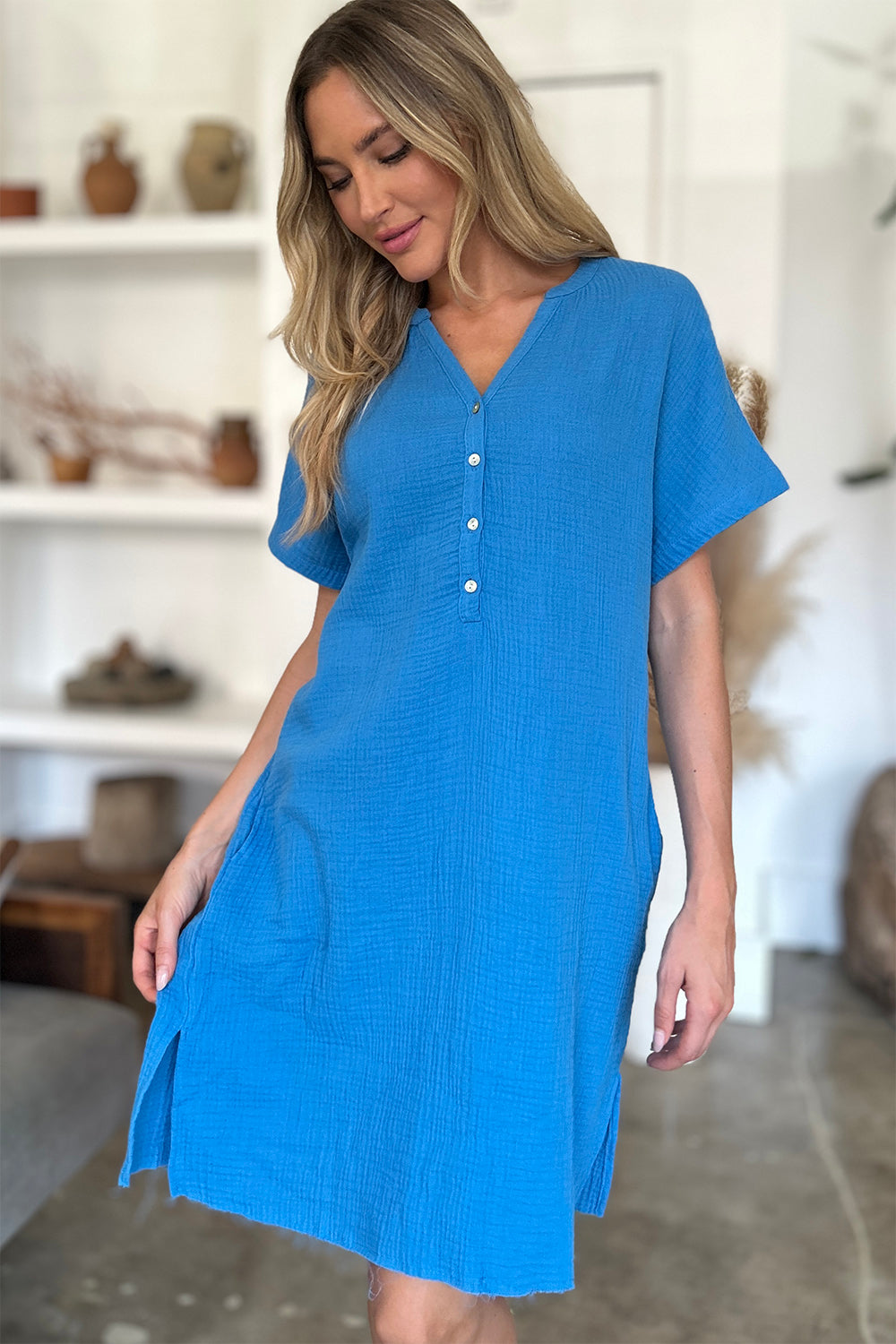 Slit Notched Short Sleeve Mini Dress-TOPS / DRESSES-[Adult]-[Female]-Blue-S-2022 Online Blue Zone Planet