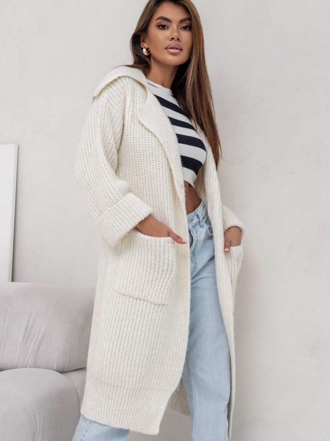 Pocketed Collared Neck Dropped Shoulder Cardigan-TOPS / DRESSES-[Adult]-[Female]-Cream-One Size-2022 Online Blue Zone Planet