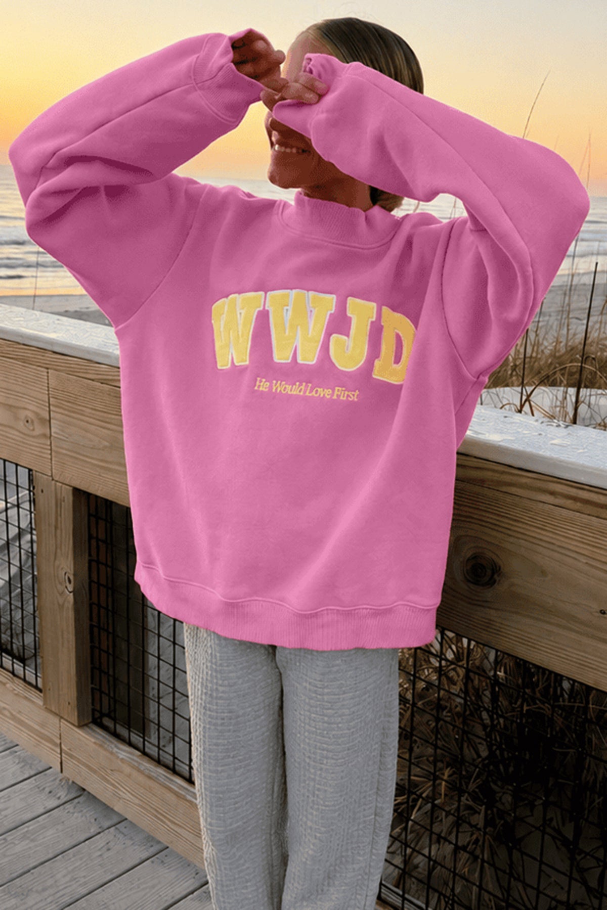 Pink WWJD Embroidered Trim Slogan Graphic Crewneck Pullover Sweatshirt