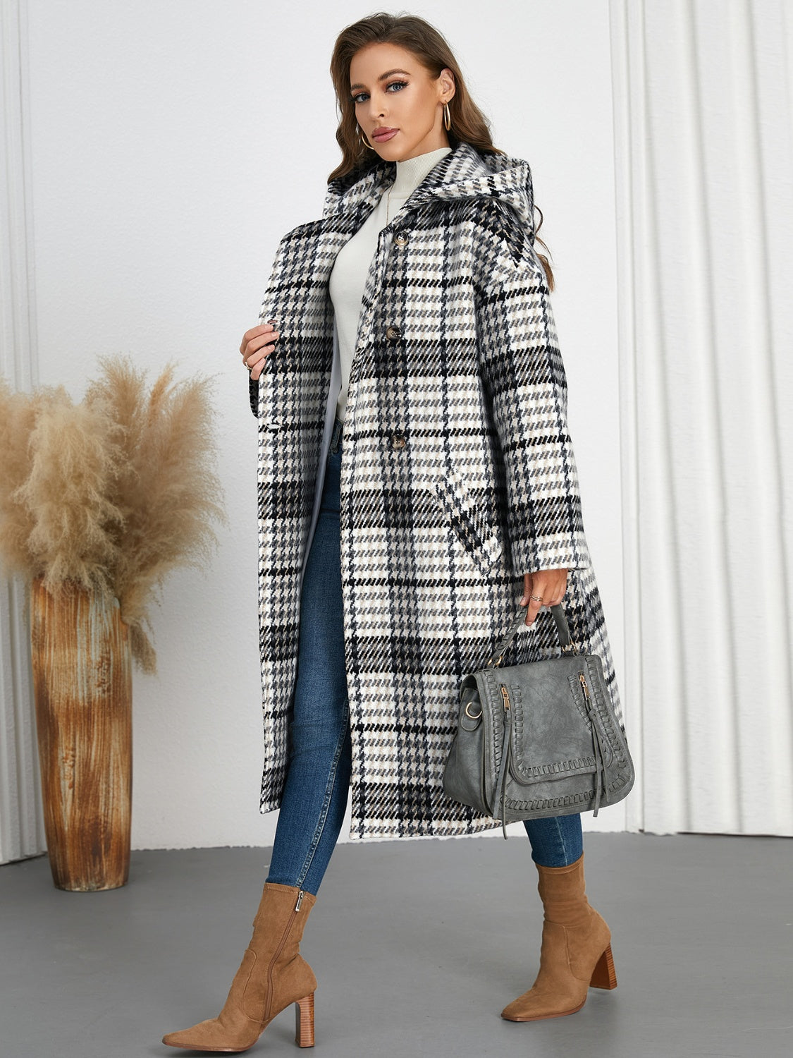 Blue Zone Planet | Plaid Double-Breasted Long Sleeve Longline Coat-TOPS / DRESSES-[Adult]-[Female]-2022 Online Blue Zone Planet