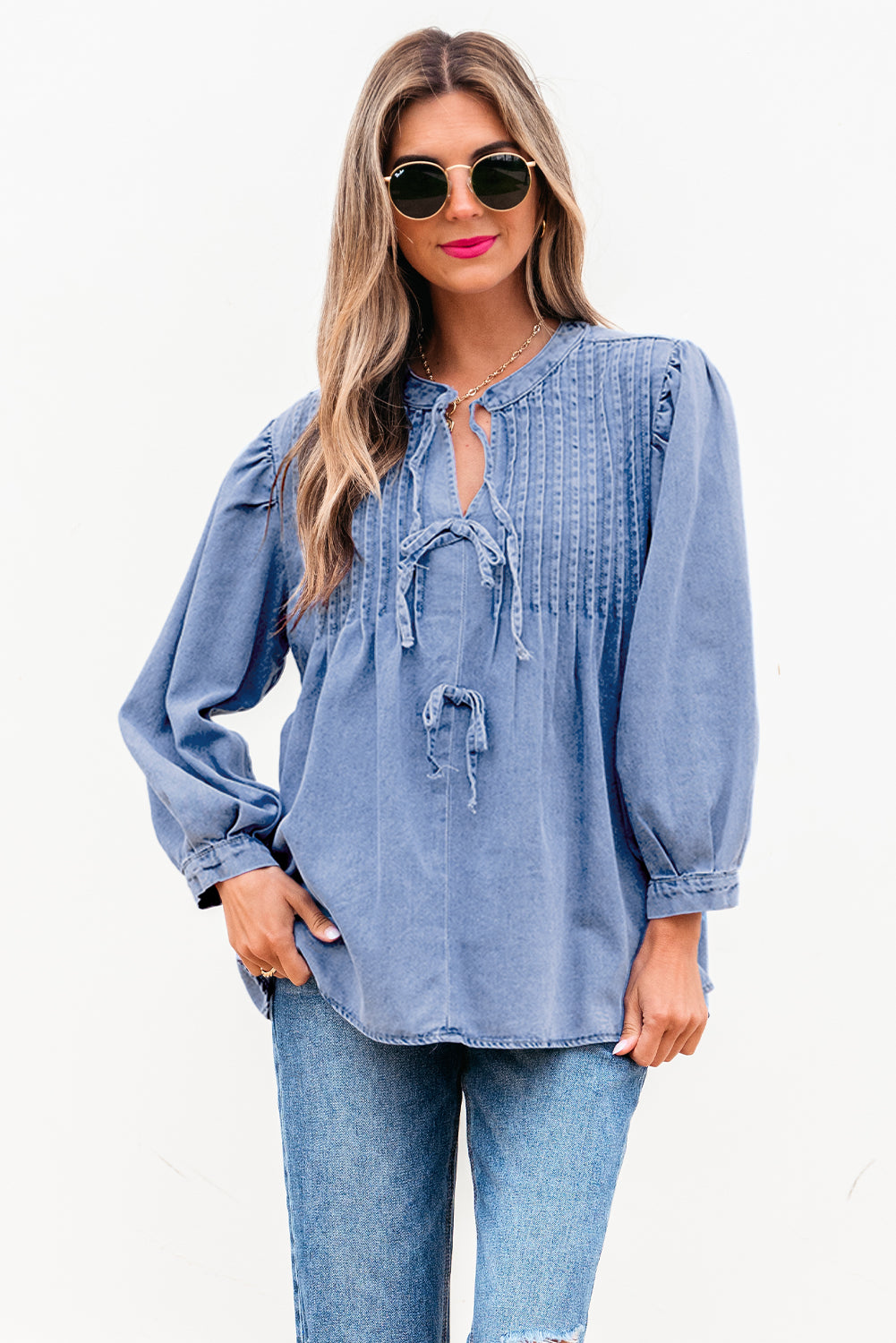 Blue Zone Planet | Myosotis Denim Front Pintuck Bow Tie Puff Sleeve Top-Tops/Blouses & Shirts-[Adult]-[Female]-2022 Online Blue Zone Planet