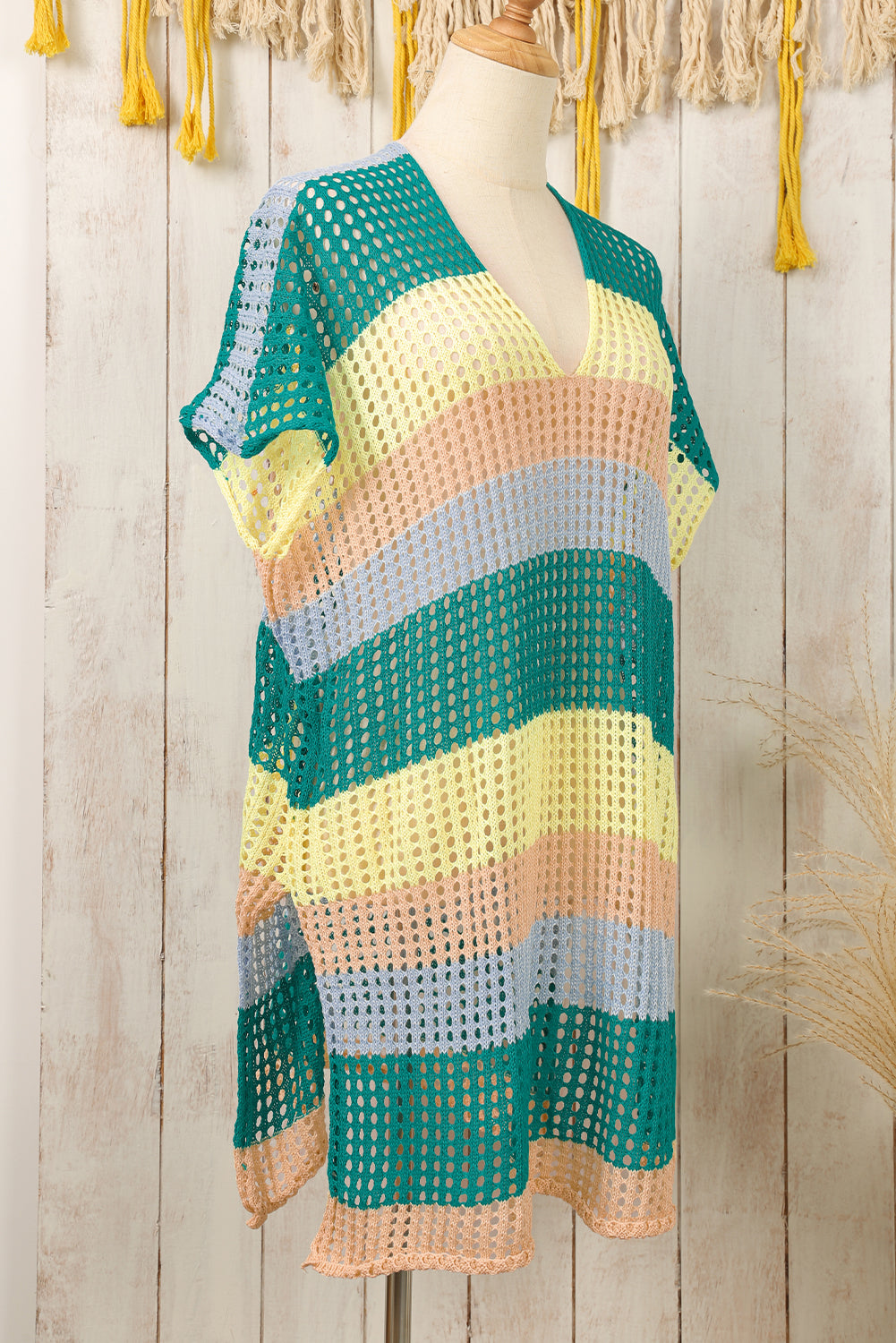 Blue Zone Planet | Yellow Striped Hollow Out Knit V Neck Tunic Cover Up-Swimwear/Beach Cover-ups-[Adult]-[Female]-Skobeloff-ONE SIZE-2022 Online Blue Zone Planet