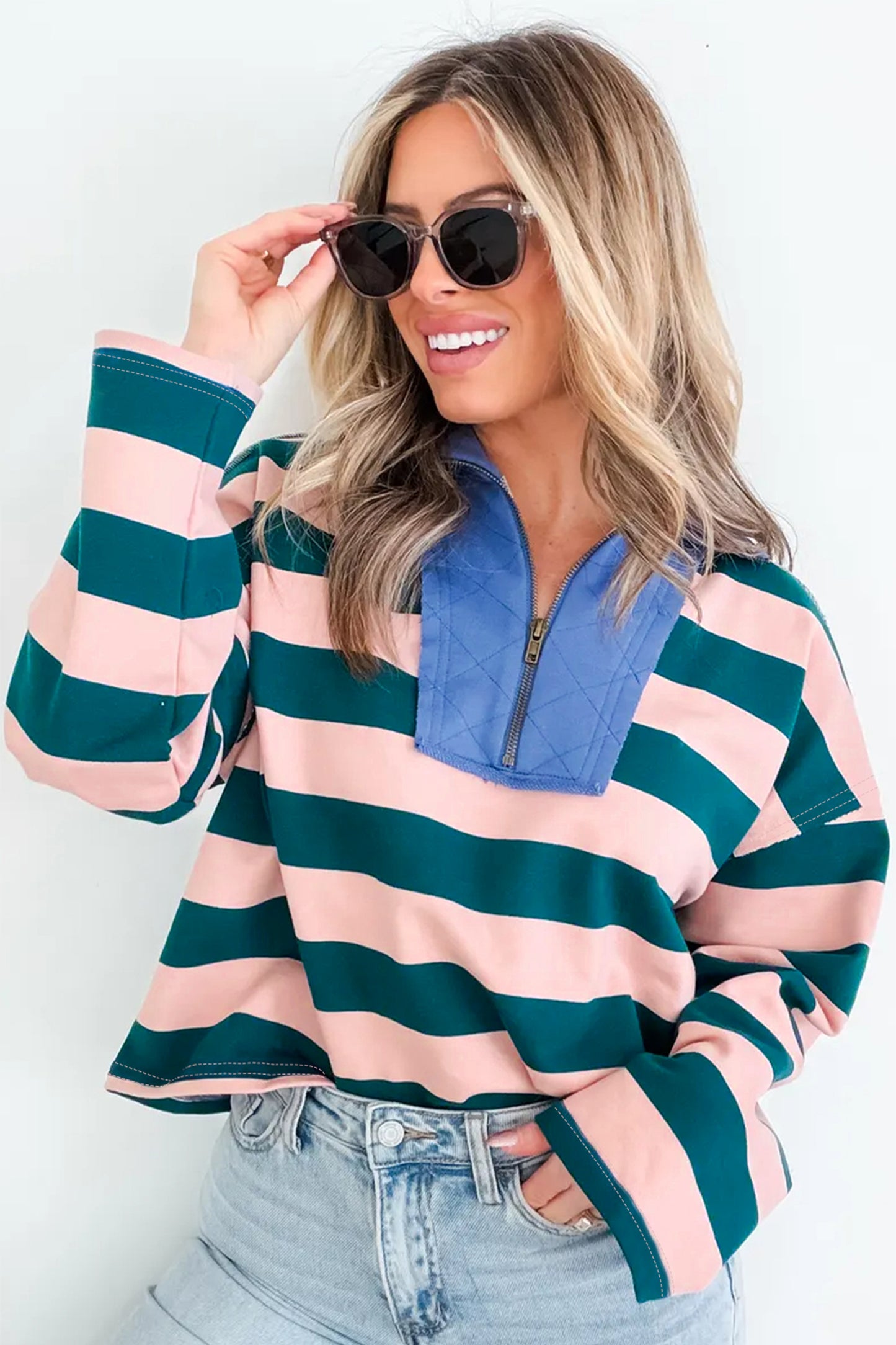 Green Stripe Quarter-Zip Metal Zipper Cover Stitch Hem Top-Tops/Long Sleeve Tops-[Adult]-[Female]-2022 Online Blue Zone Planet