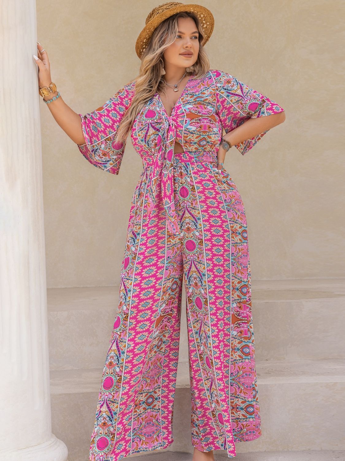 Blue Zone Planet | Plus Size Printed Half Sleeve Wide Leg Jumpsuit-TOPS / DRESSES-[Adult]-[Female]-2022 Online Blue Zone Planet