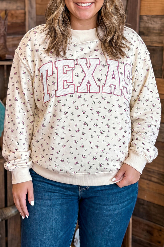 Apricot Floral Print Texas Long Sleeve Ribbed Neck Tunic Plus Size Sweatshirt-Plus Size/Plus Size Sweatshirts & Hoodies-[Adult]-[Female]-Apricot-1X-2022 Online Blue Zone Planet