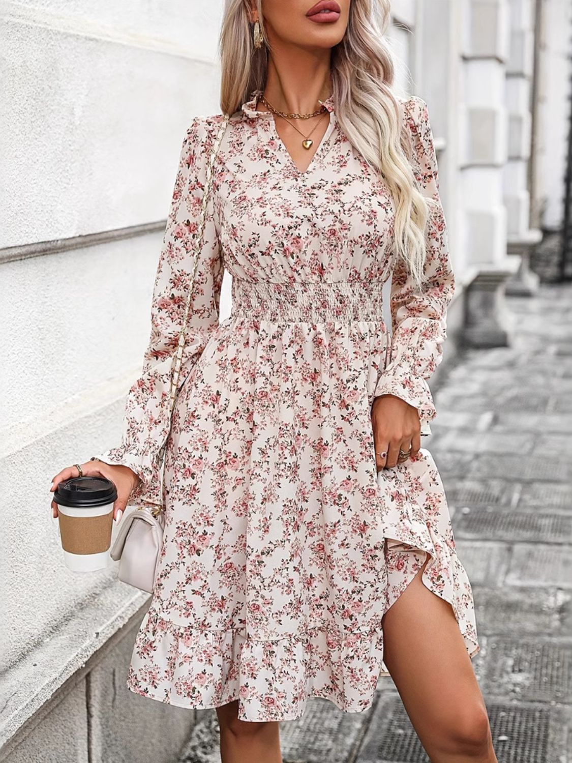 Blue Zone Planet | Ruffle Hem Floral Surplice Long Sleeve Dress-TOPS / DRESSES-[Adult]-[Female]-2022 Online Blue Zone Planet