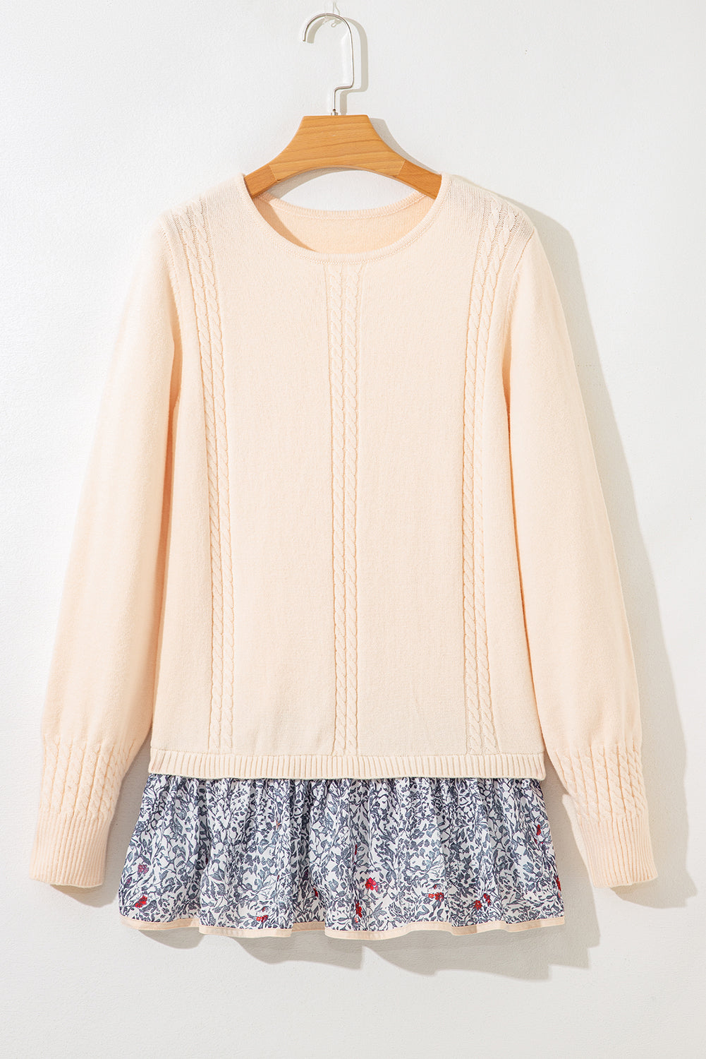 Beige Cable Texture Bohemian Ruffle Hem Patchwork Sweater-TOPS / DRESSES-[Adult]-[Female]-2022 Online Blue Zone Planet