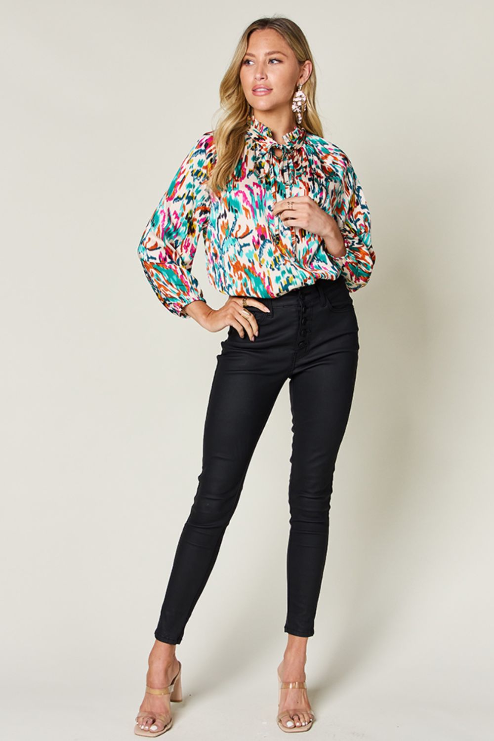 Double Take Full Size Printed Button Up Long Sleeve Shirt-TOPS / DRESSES-[Adult]-[Female]-2022 Online Blue Zone Planet