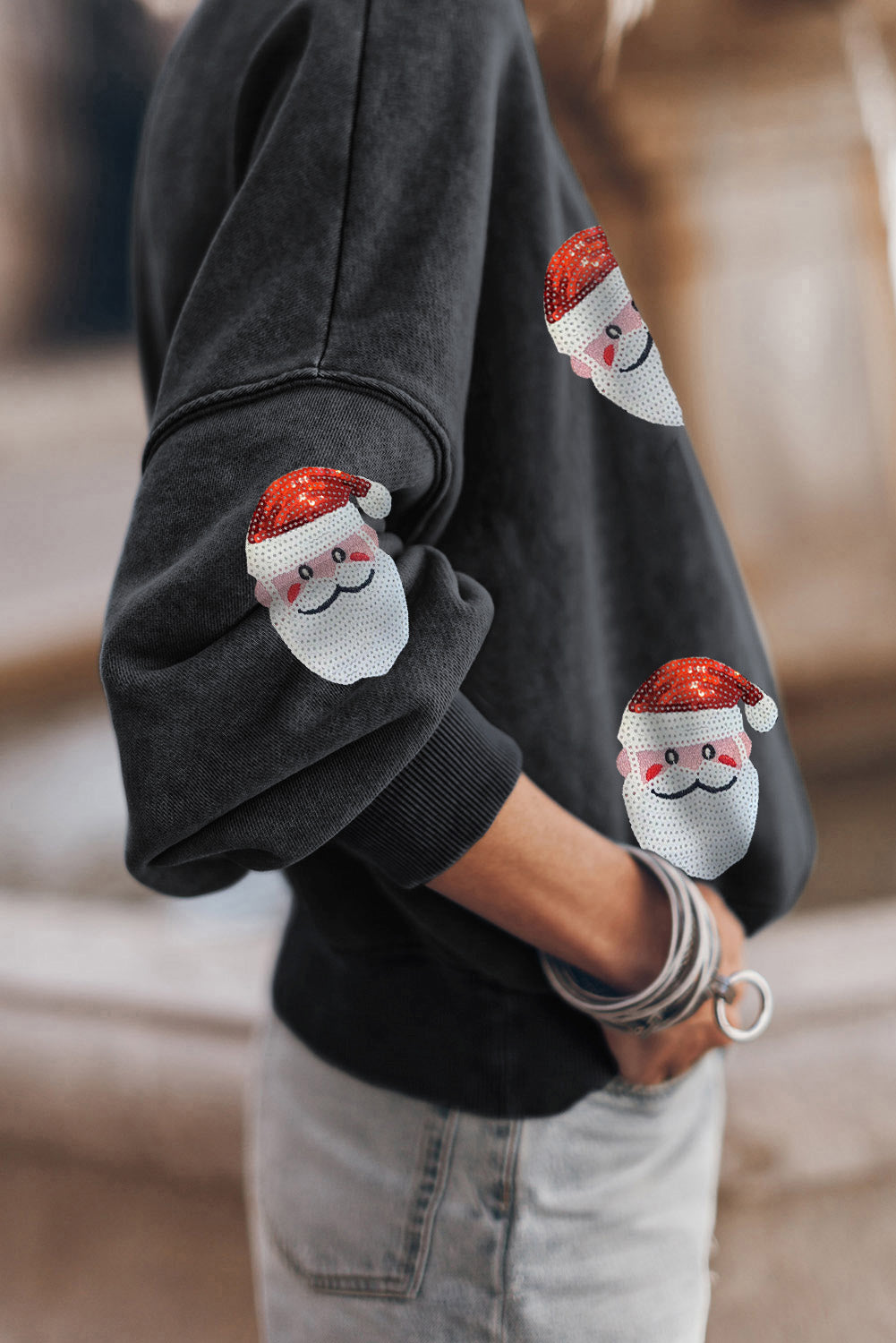 Black Sequined Santa Claus Christmas Fashion Sweatshirt-Graphic/Graphic Sweatshirts-[Adult]-[Female]-2022 Online Blue Zone Planet