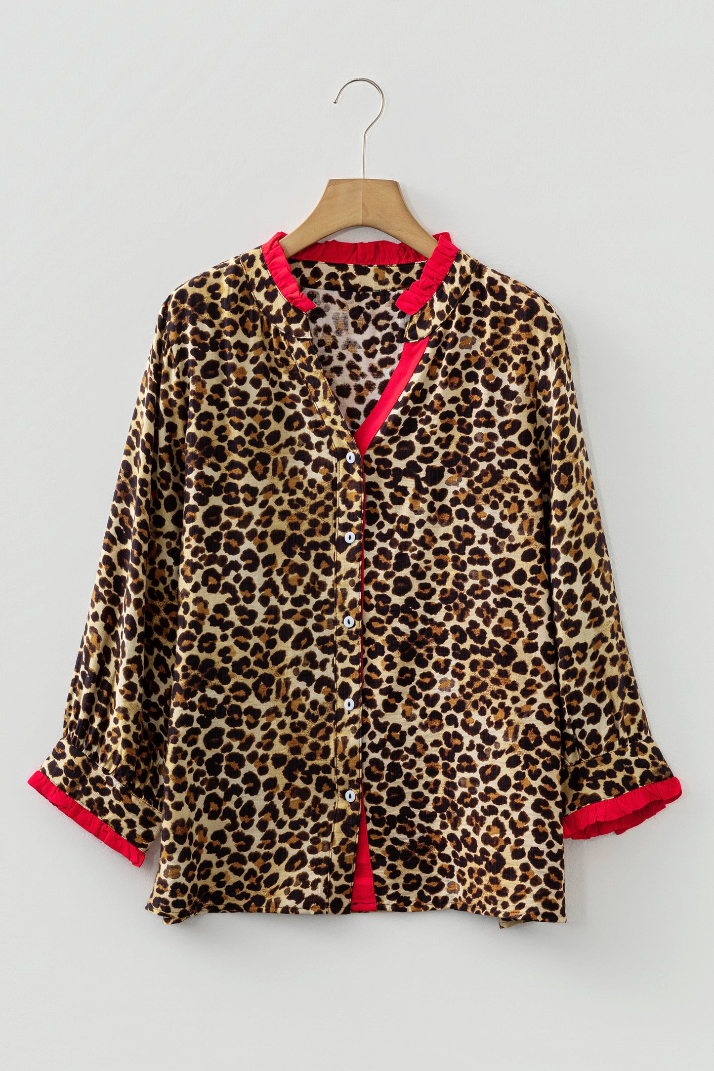 Brown Fierce Leopard Allure Contrast Ruffle Trim V Neck Shirt-Tops/Blouses & Shirts-[Adult]-[Female]-2022 Online Blue Zone Planet