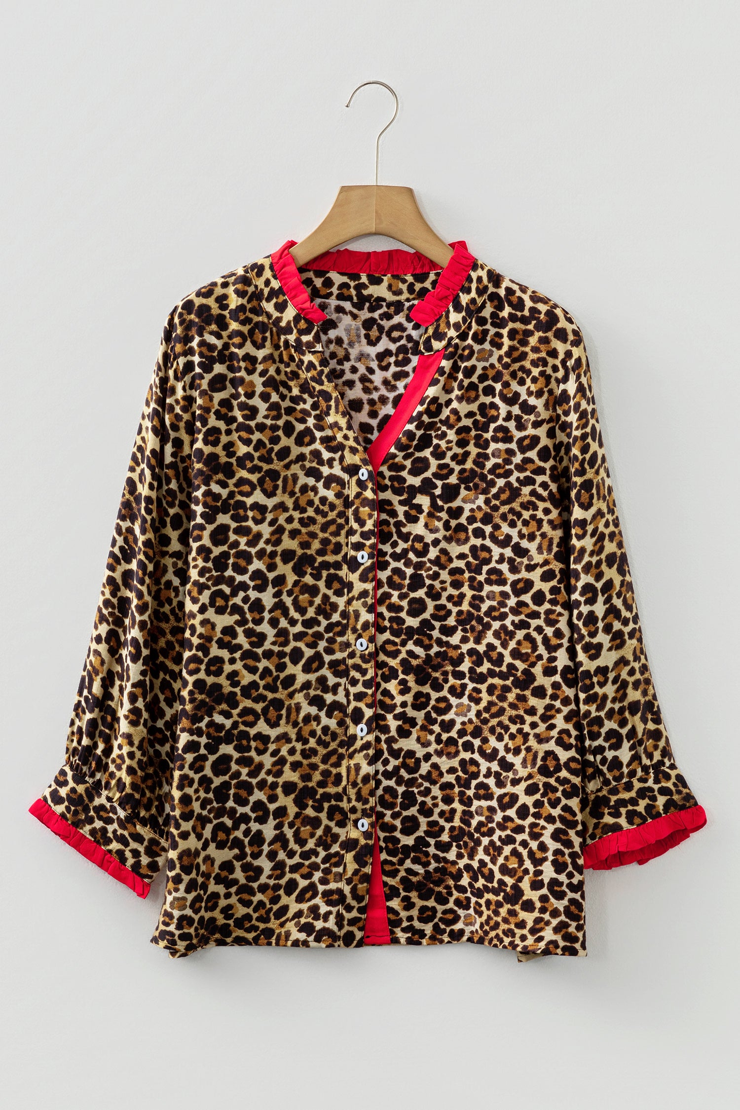Brown Fierce Leopard Allure Contrast Ruffle Trim V Neck Shirt-Tops/Blouses & Shirts-[Adult]-[Female]-2022 Online Blue Zone Planet