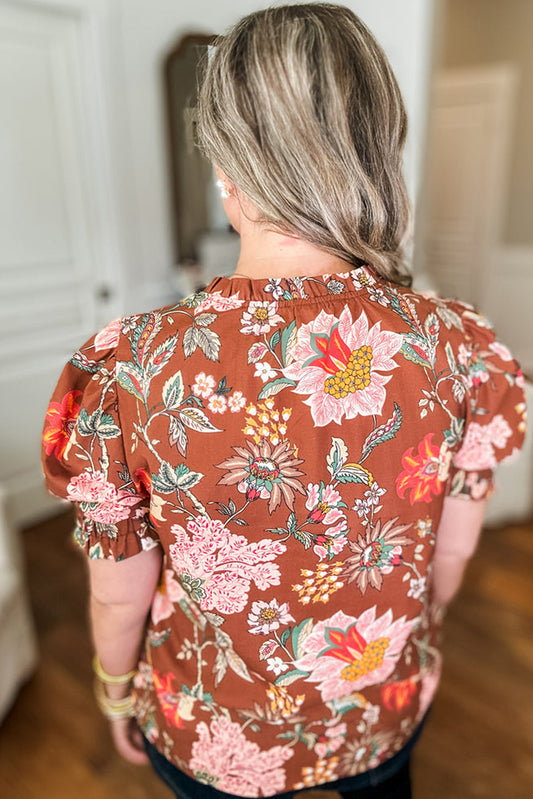 Brown Floral Stitched V Neck Frilled Trim Puff Short Sleeve Blouse-Plus Size/Plus Size Tops/Plus Size Blouses & Shirts-[Adult]-[Female]-2022 Online Blue Zone Planet