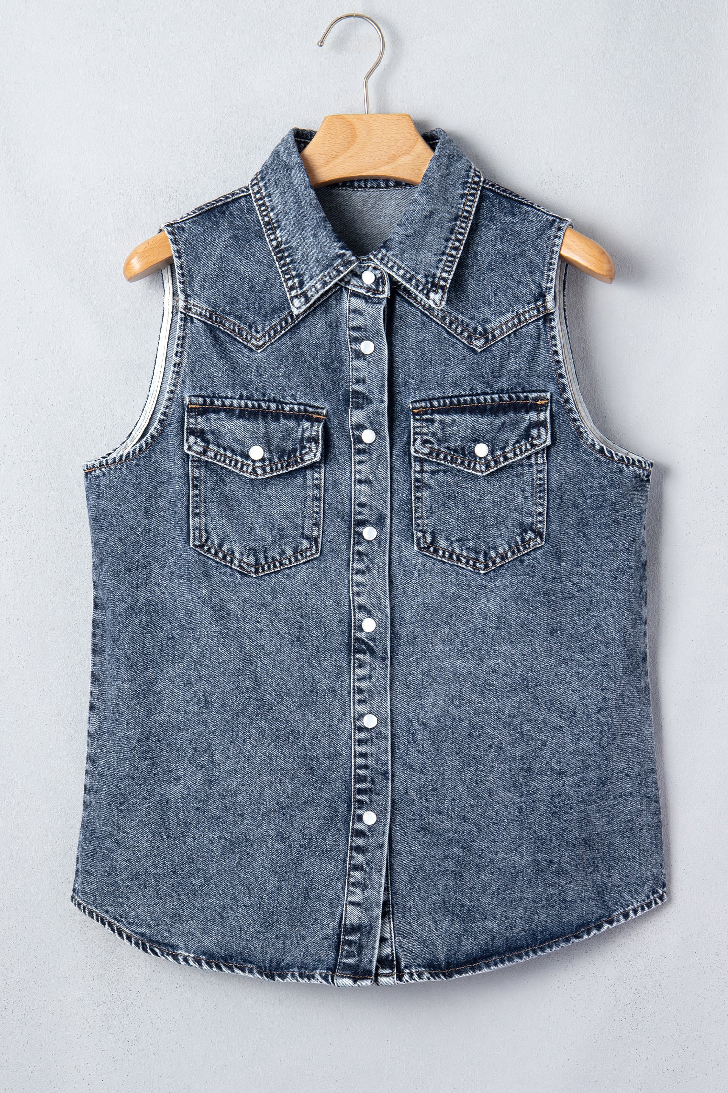 Ashleigh Blue Solid Denim Button Front Pocket Sleeveless Cowboy Vest-Outerwear/Vests-[Adult]-[Female]-2022 Online Blue Zone Planet
