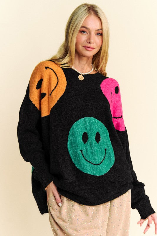 Davi & Dani Contrast Smile Round Neck Oversize Sweater-TOPS / DRESSES-[Adult]-[Female]-Black-S-2022 Online Blue Zone Planet